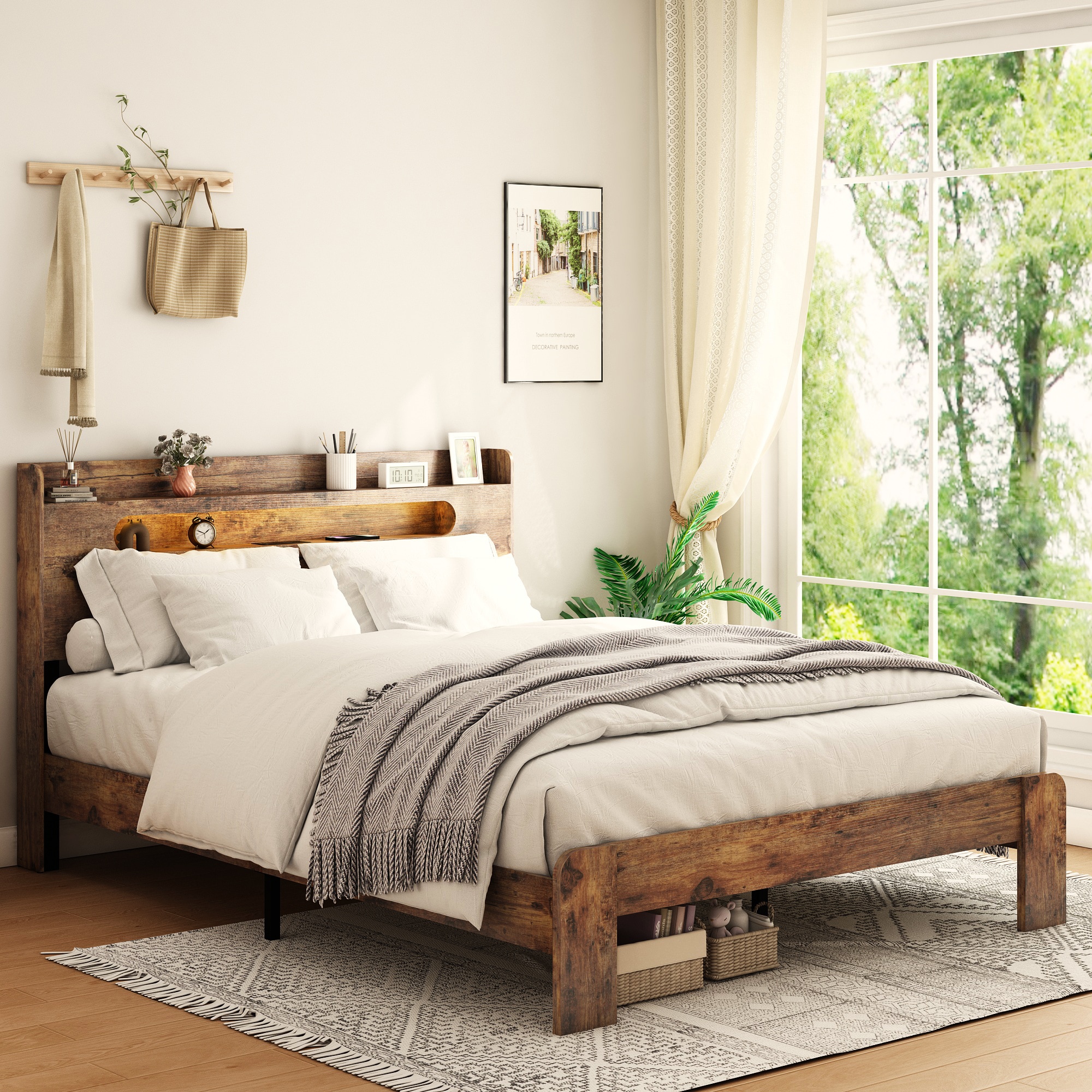 Clihome - Queen Dark Brown Bed Frame with Headboard