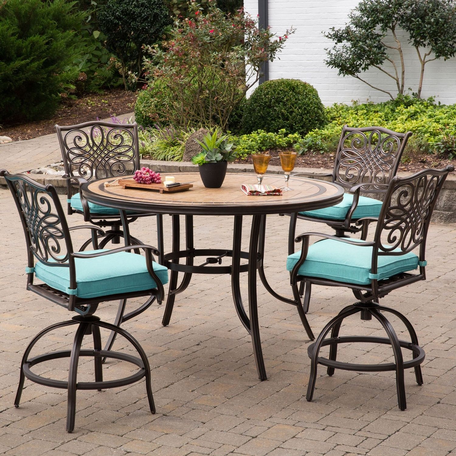Hanover MONDN5PCBR-C-BLU Monaco 5 -Piece Bronze Patio Dining Set Aluminum Round Table with 4 Blue Cushions Swivel Chairs