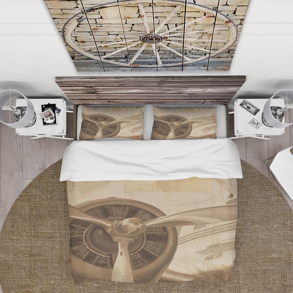 King Sepia Vintage Airplane Microfiber Duvet Cover Set