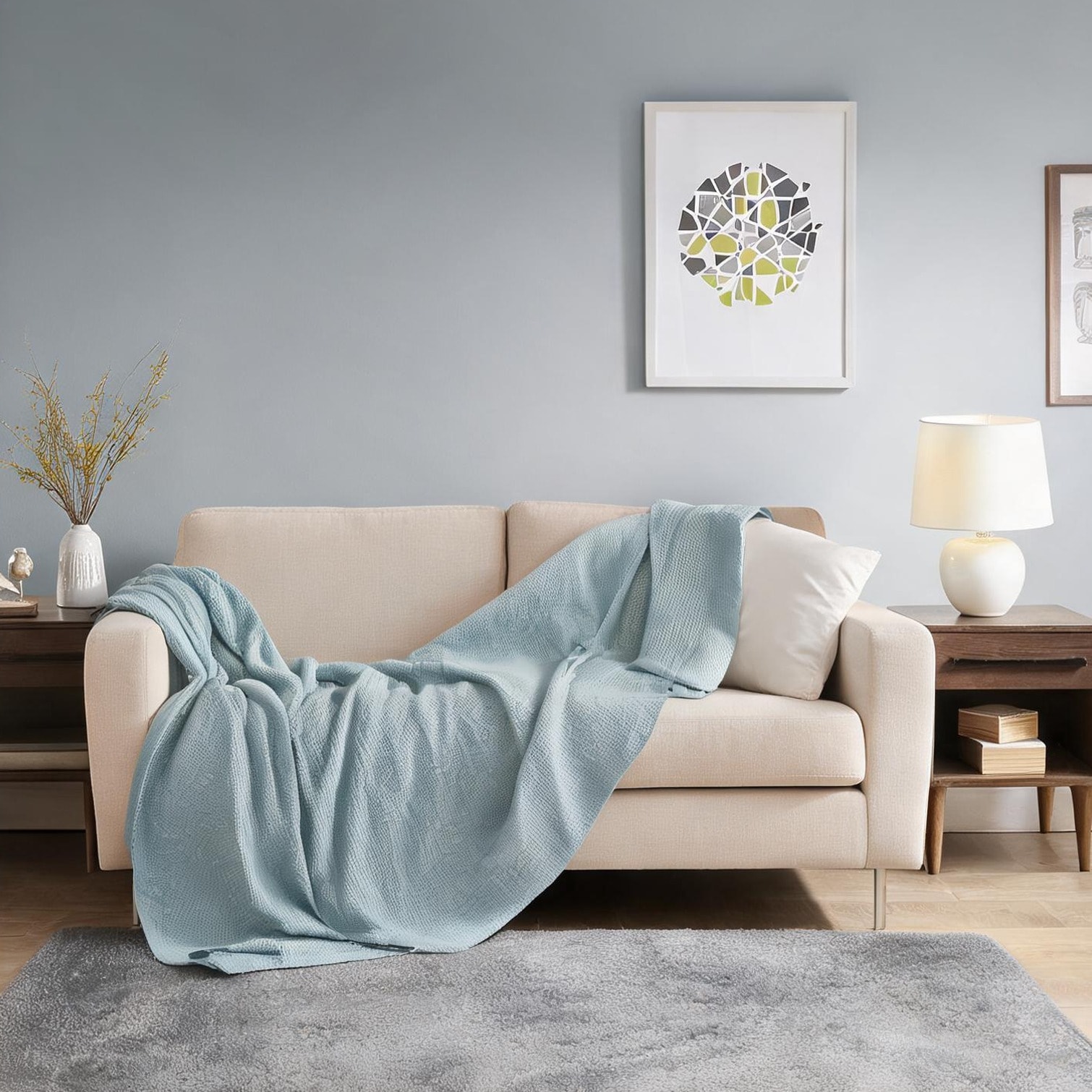 SunJet Blue-Toned Cotton Throw Blanket with Breathable Weave 90 x 108 Inches
