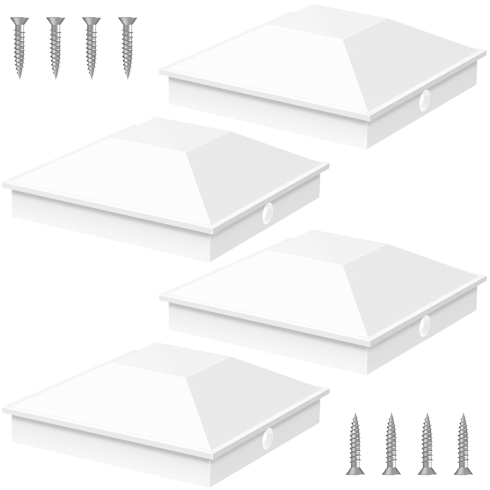 Afoxsos  4x4 Post Caps White 4 Pack Fits 3 Point 5 Inch Wood Fence Posts Waterproof Plastic Deck Caps with Screws Frosted Finish Protects Wood