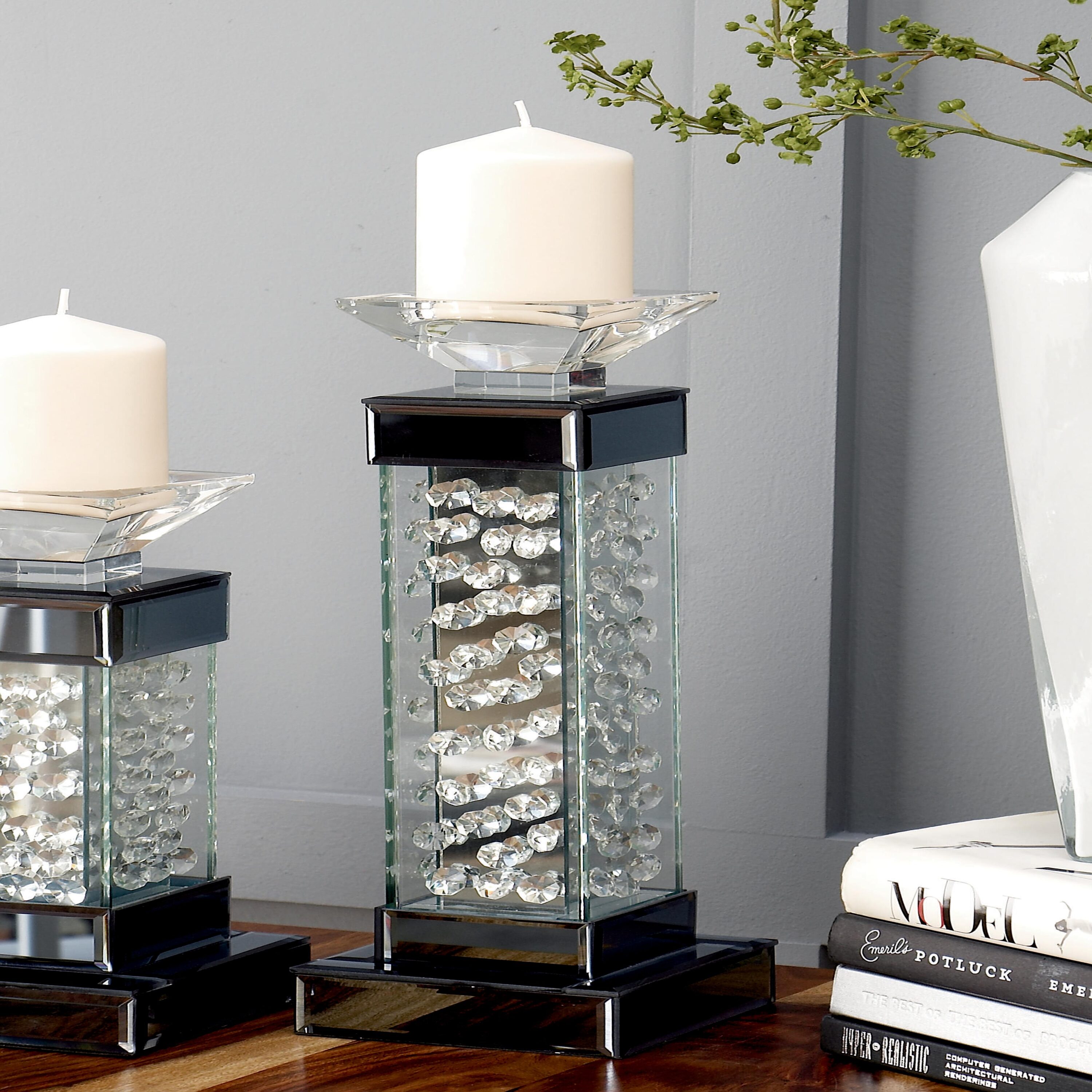 Elegant Silver Glass Candlestick with Floating Crystals 15"