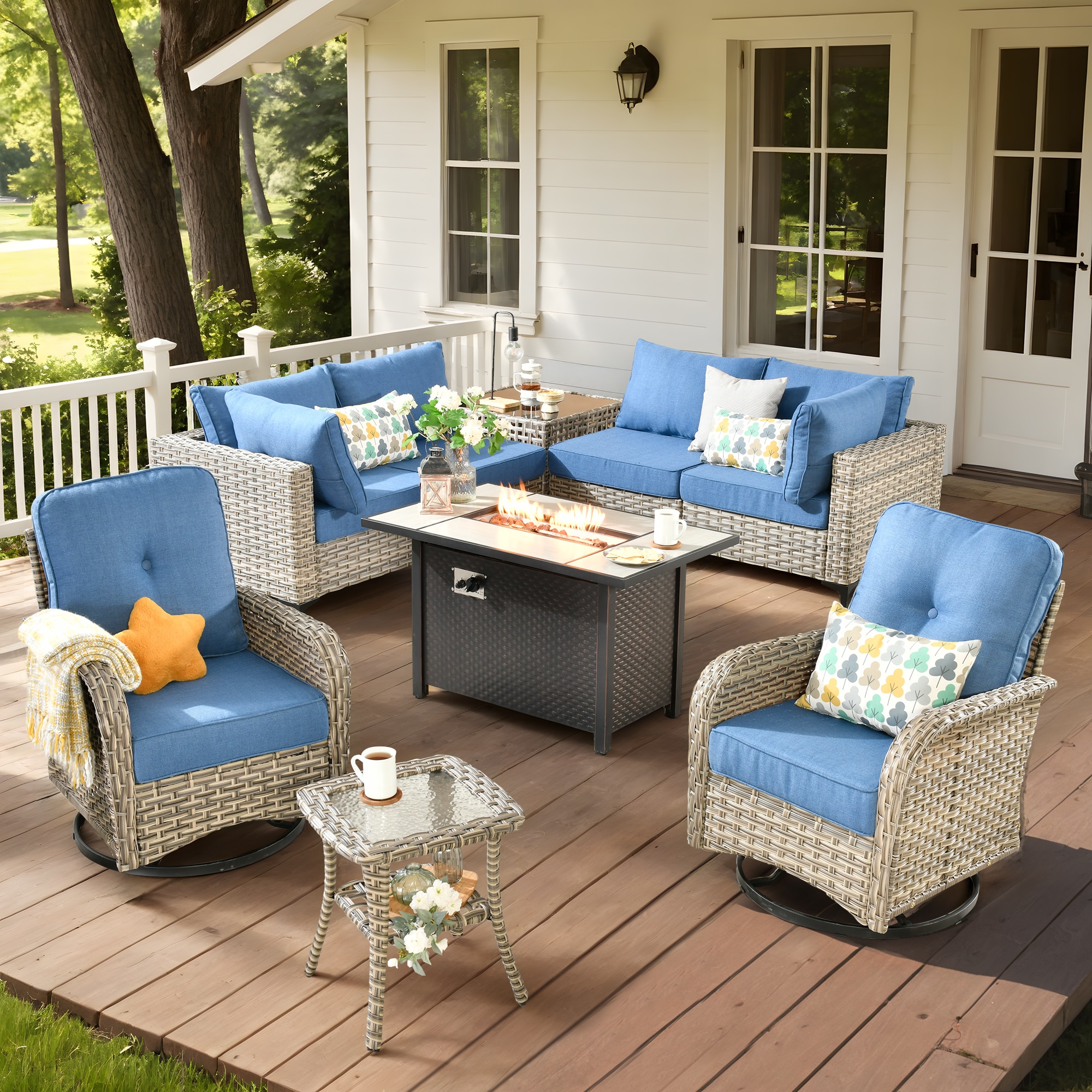 weaxty CFP03DSCRRSYZVNC509 Lotus Wicker Outdoor Sectional with Blue Cushions and Steel Frame