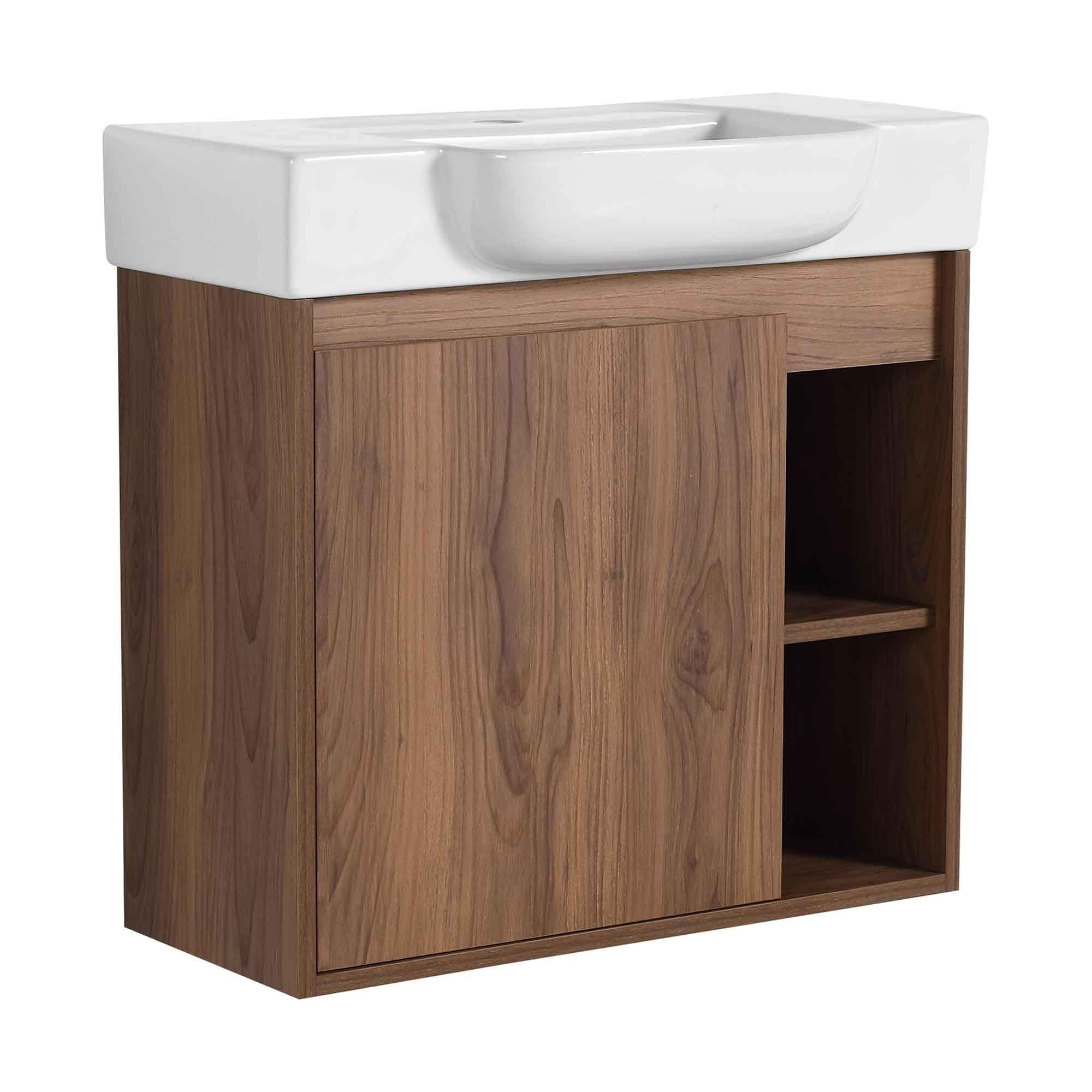 LUCKY ONE 24-in Walnut Finish Ceramic Single Sink Floating Bathroom Vanity with White Ceramic Top No Mirror and No Faucet
