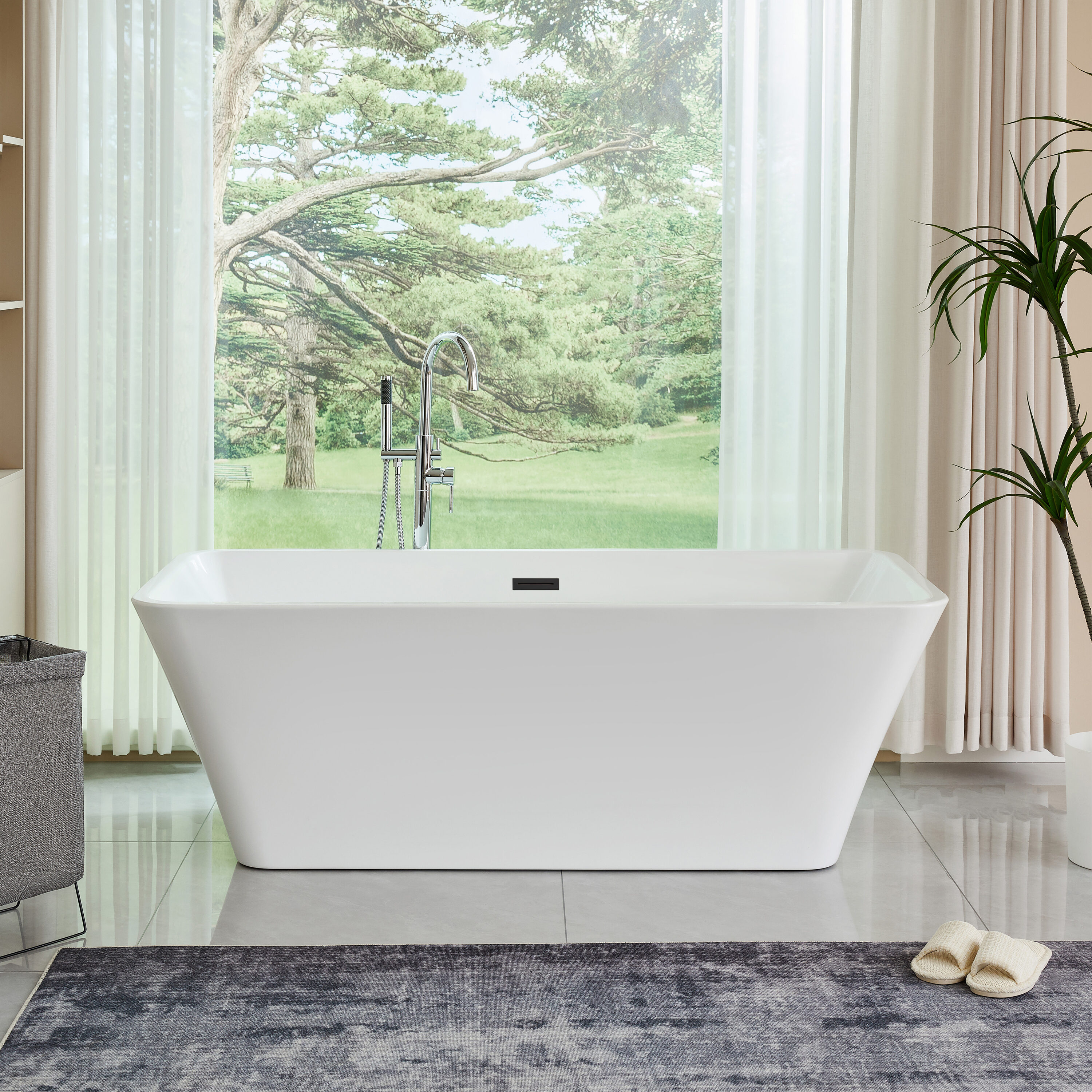 Vanity Art VA6820-MB 29.5-in x 67-in White/Matte Black Acrylic Oval Freestanding Soaking bathtub ( Center Drain )
