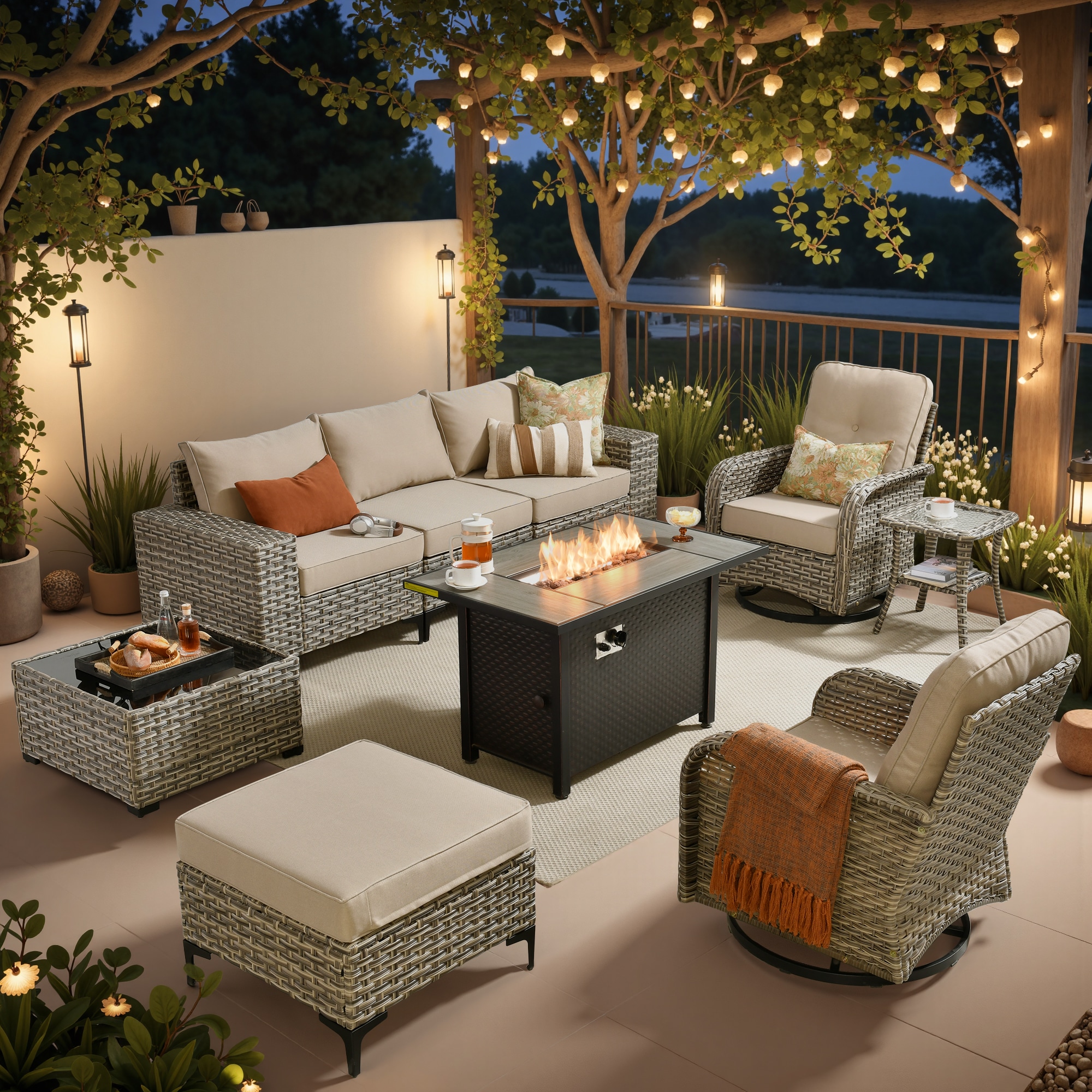 XIZZI XIMW9083 Zircon Wicker Outdoor Sectional with Beige Cushions and Rattan Frame
