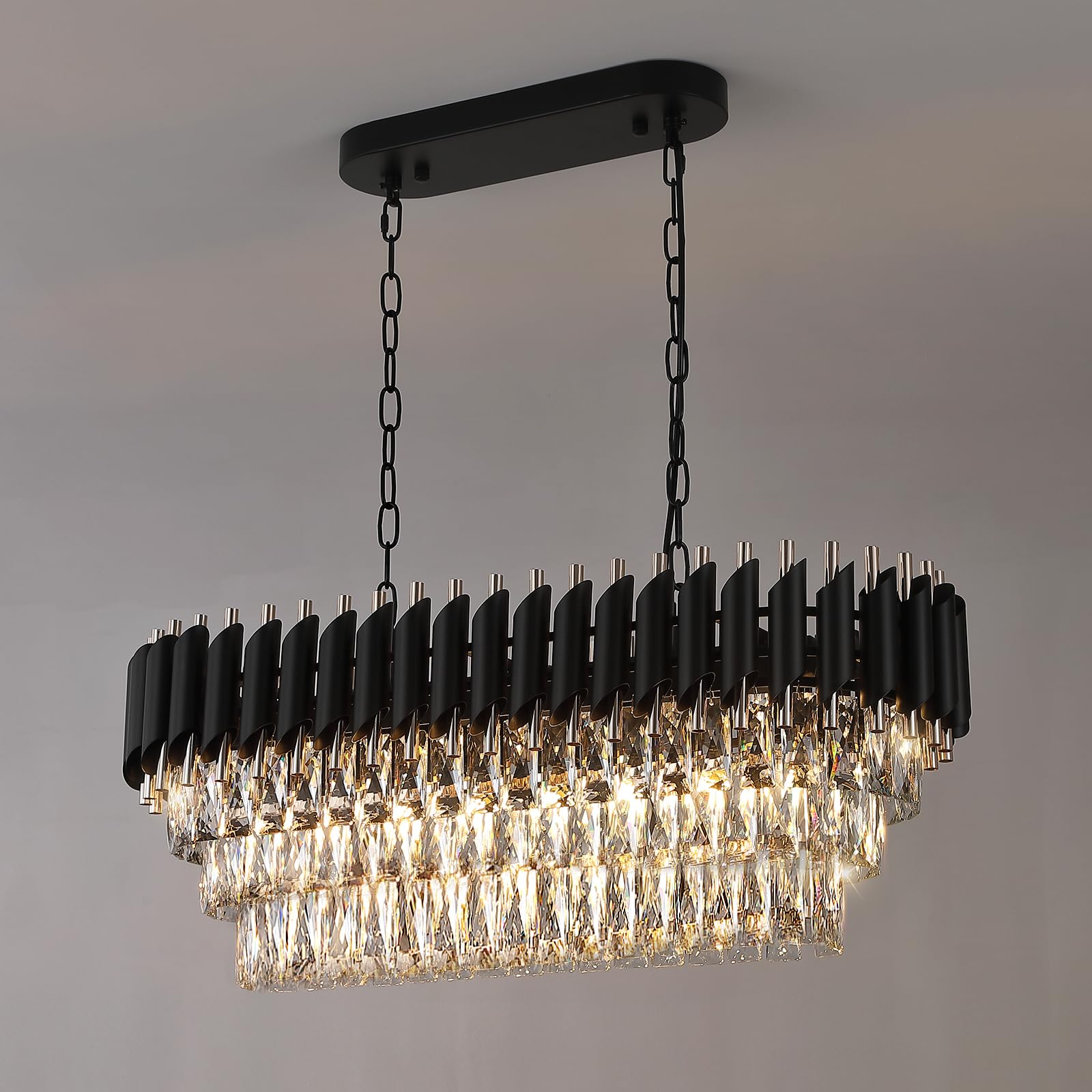 IUEST  Modern Rectangular Chandelier Black and Gold Crystal Linear Ceiling Pendant Light Long Thirty Two Inches Luxury Oval Eight Lights for