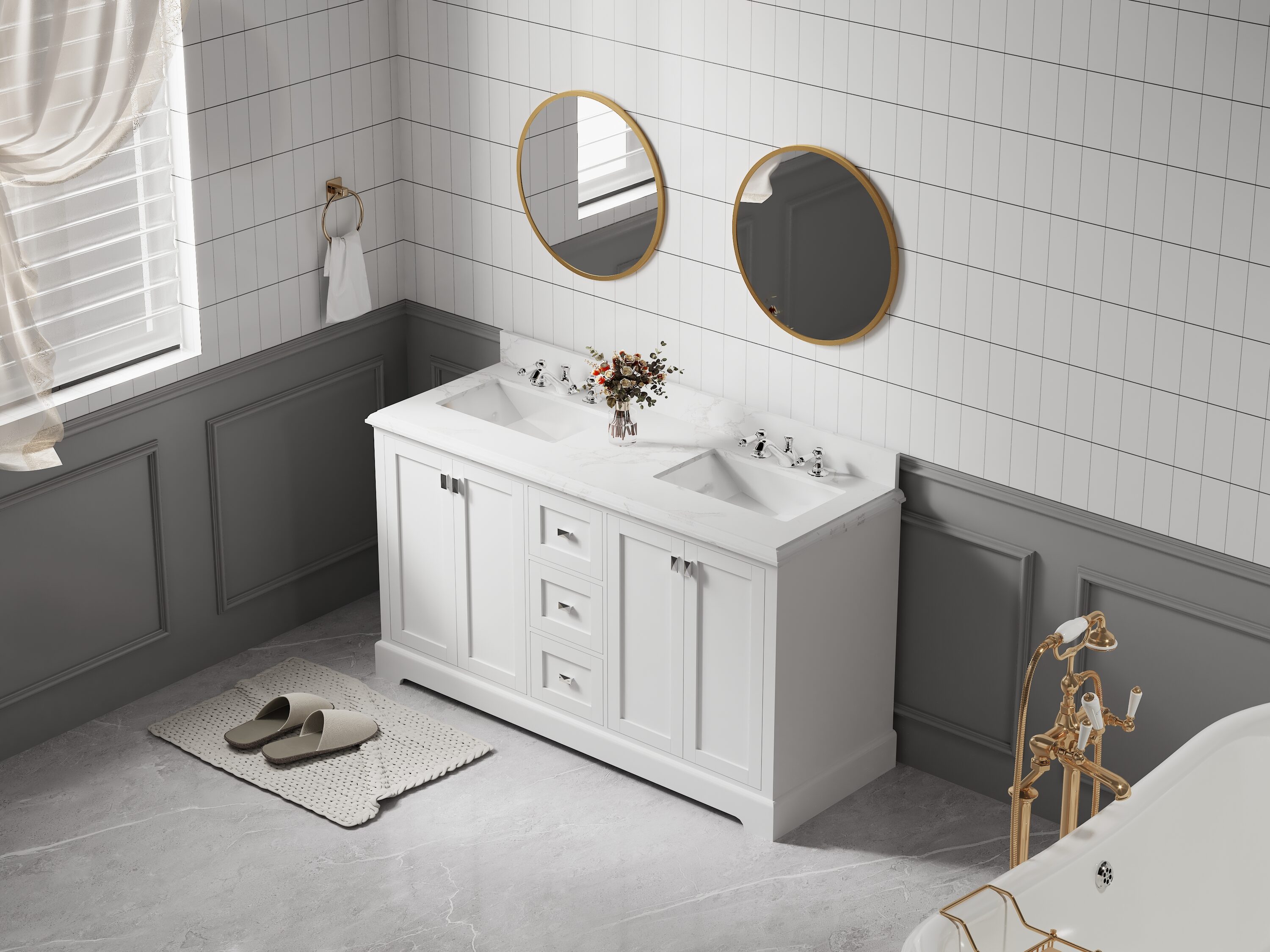 WELLFOR ABH-73WH60 60-in White Undermount Double sink Bathroom Vanity with White Marble Top