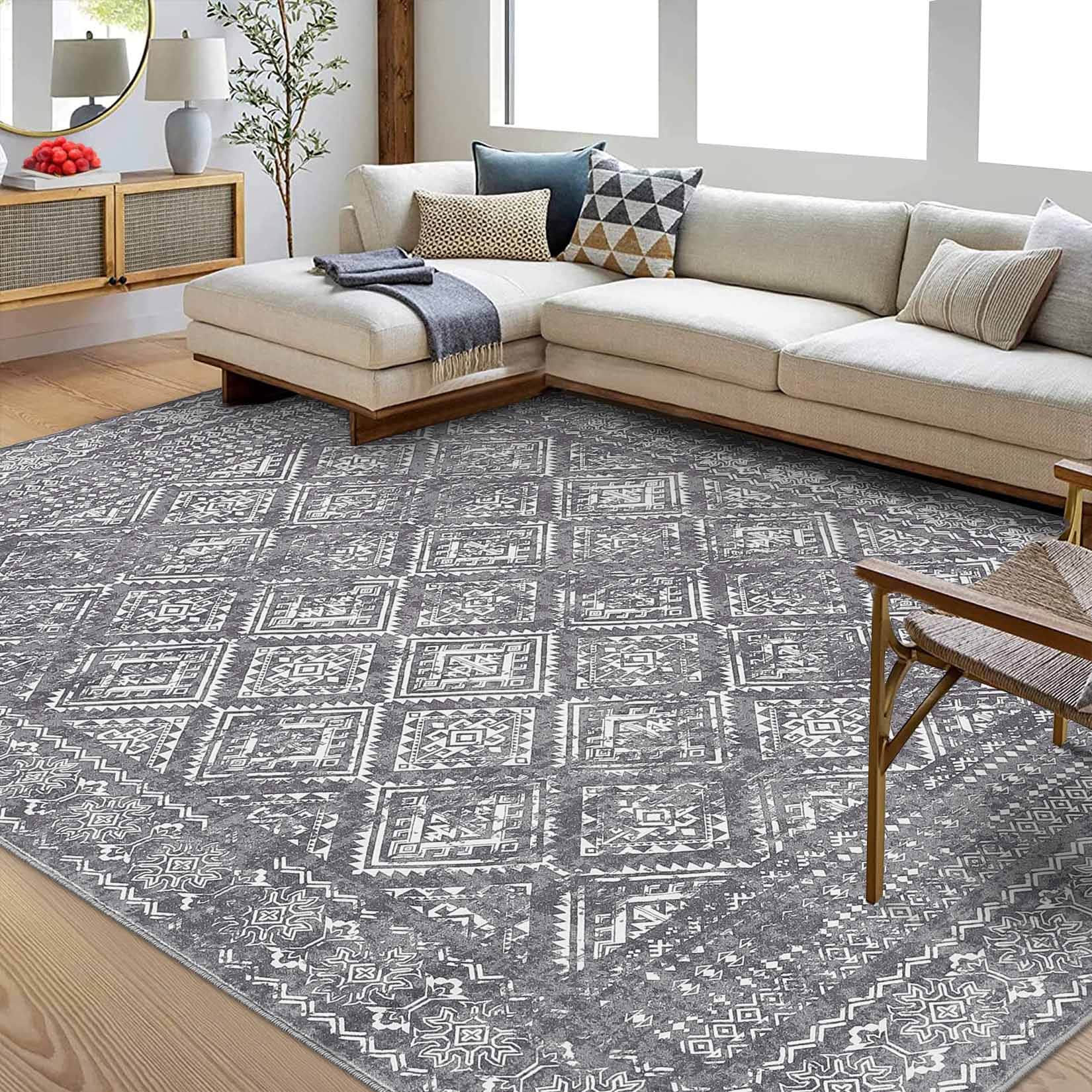 Garvee YXY-LO-PHO-14JIO55E 9 x 12 (ft) Loomed Polyester Gray Rectangular Indoor Geometric Moroccan Machine washable Area rug