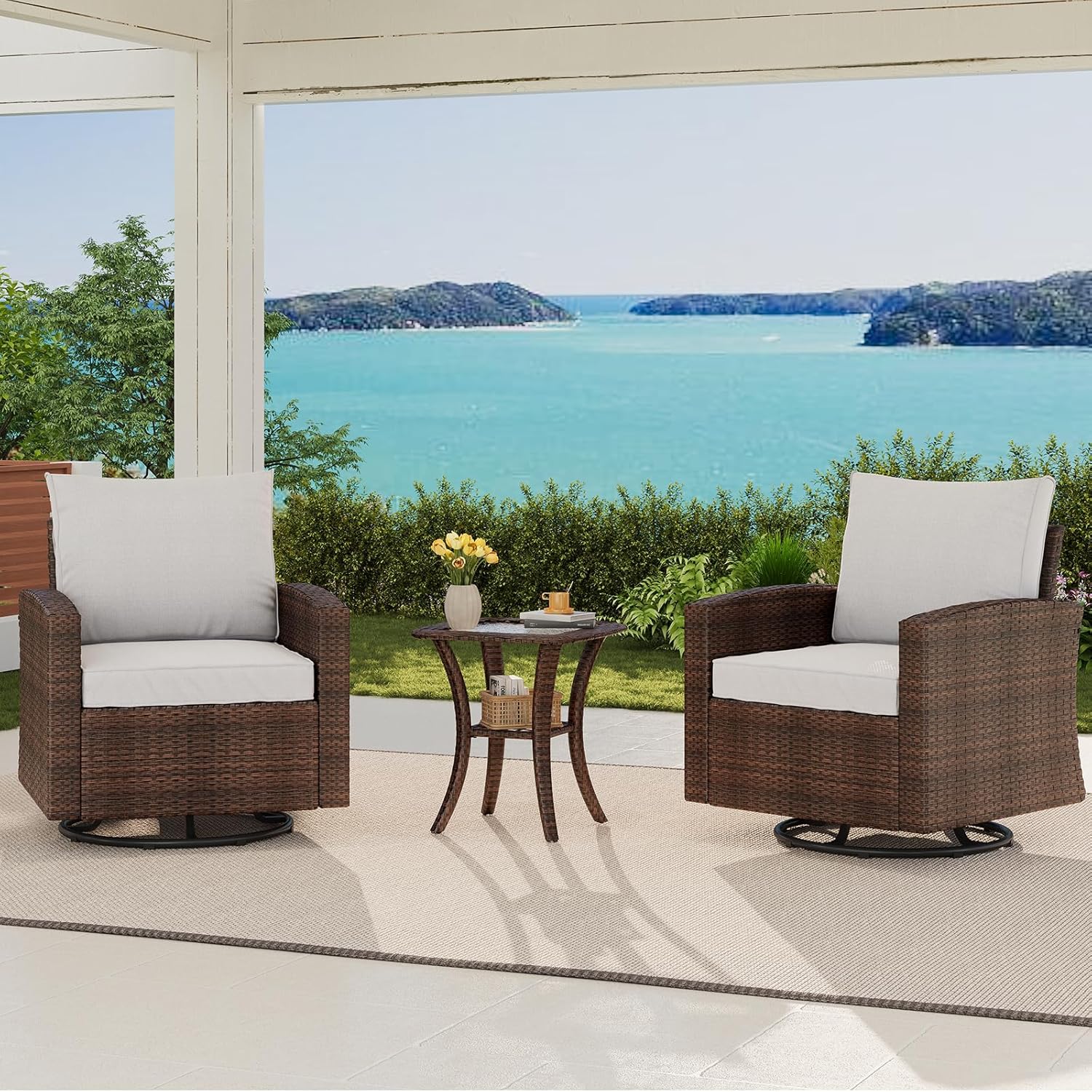 Qeetex LHF-DYQ-PPG-339VUK99 3 Piece Outdoor Swivel Rocking Chair Set Wicker Rocking Bistro Set with Comfy Cushions Tempered Glass Top Table Rattan Patio Furniture Glider Rocker Chairs for Balcony Porch Backyard