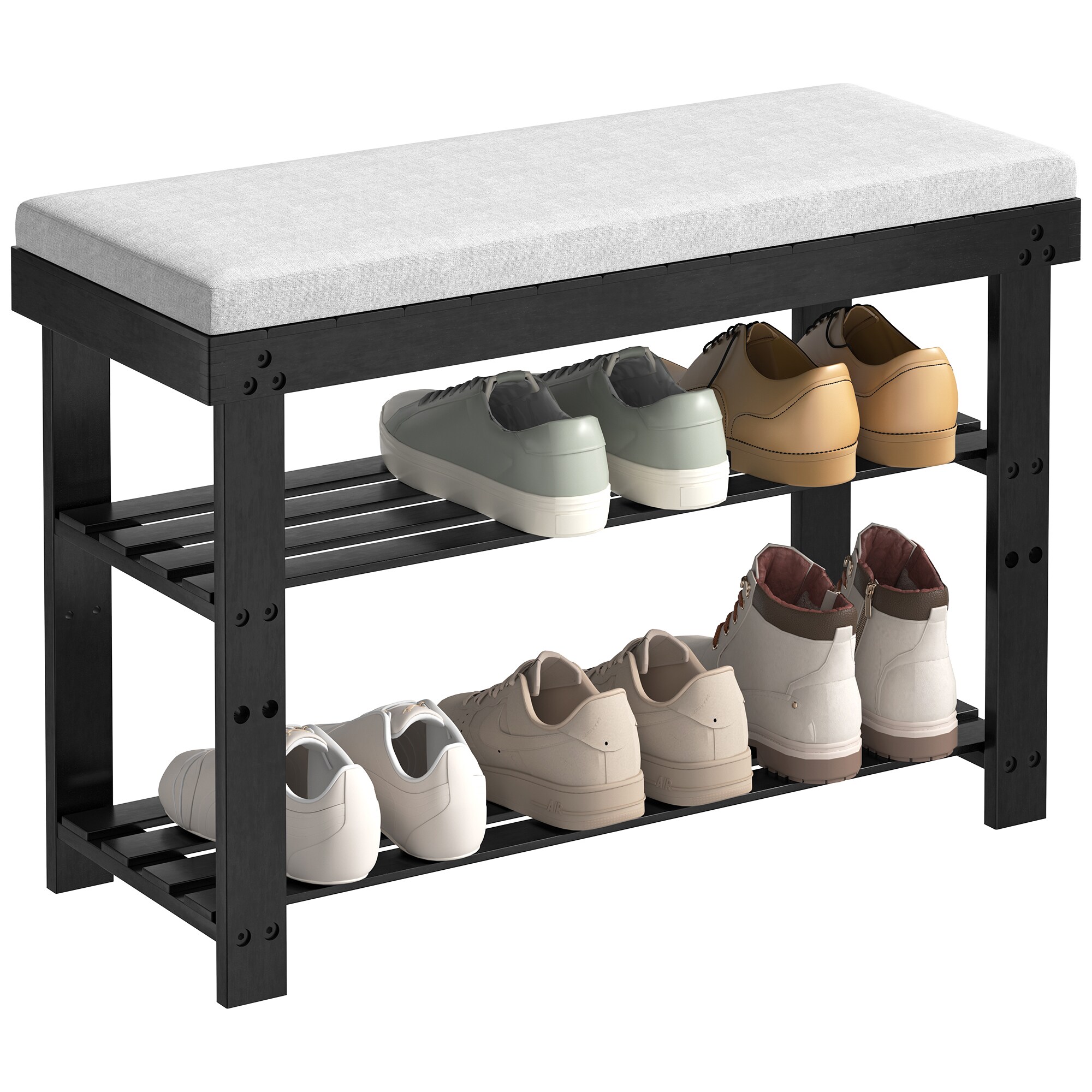 Tatayosi JL-293758 Black Bamboo Shoe Bench 3 Tier Shoe Rack Entryway Bench with Cushion and Adjustable Shelves Shoe Rack for Entryway Hallway Mudroom and Living Room