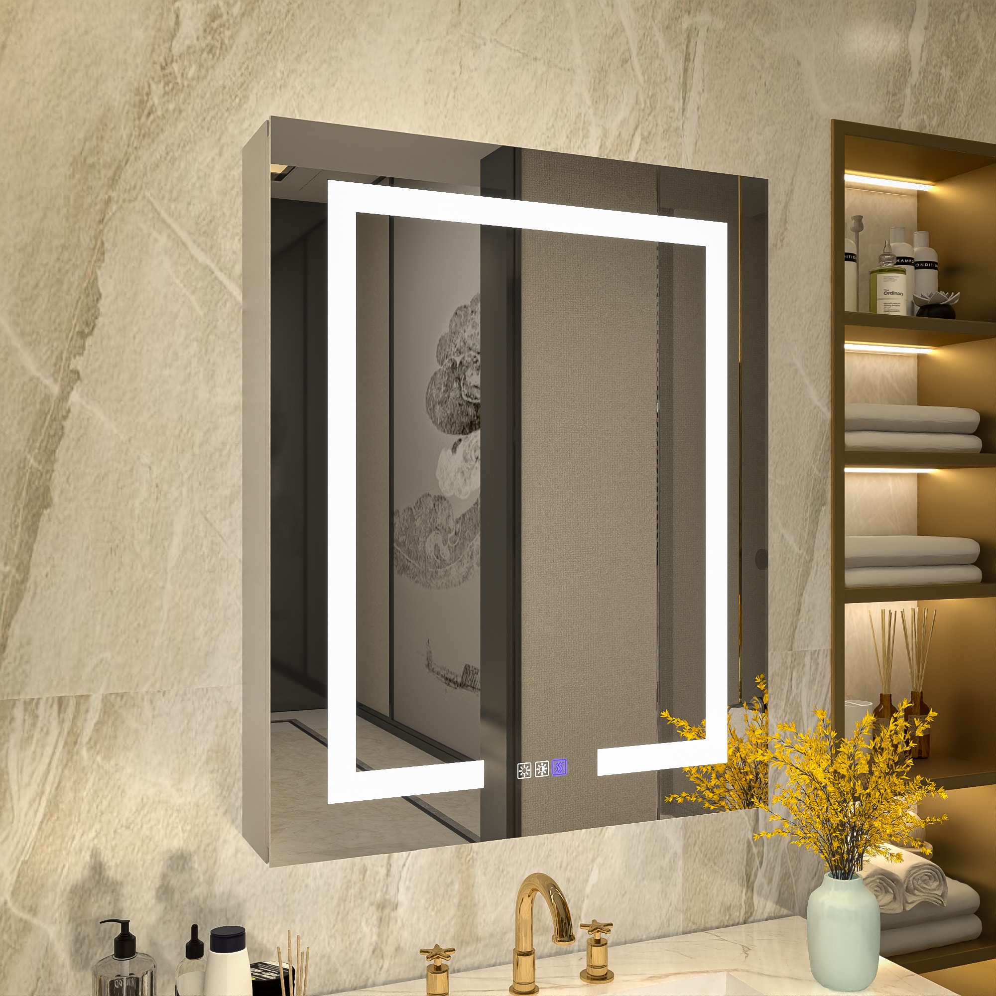 ExBrite EXMC2026V13RB Warmor 24-in x 30-in Lighted LED Fog Free Surface/Recessed Mount Sterra Silver Mirrored Rectangle Soft Close Medicine Cabinet with Outlet