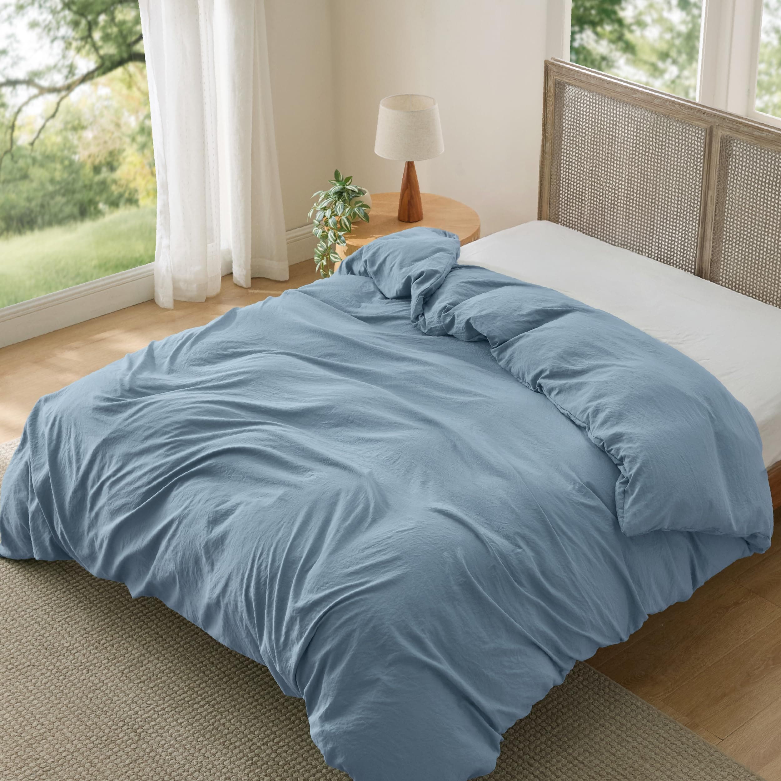 Bedsure 90x90 Queen 3-Piece Blue Cotton Washed Duvet Cover