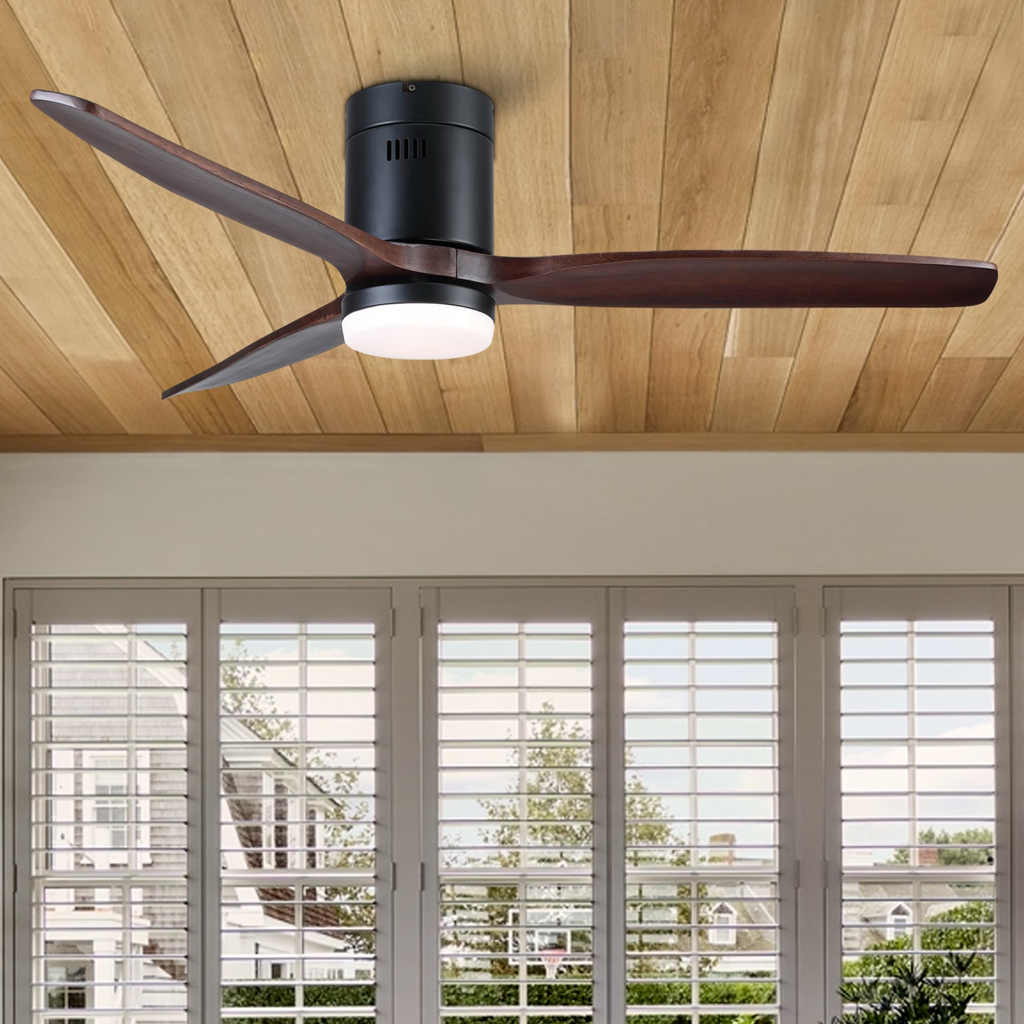 YUHAO LSDC1073NEW52 TeakAura 52-in Color-Changing Integrated LED Outdoor Flush Mount Black with Matte Blades Ceiling Fan With Light - Remote Included ( 3 -Blade )