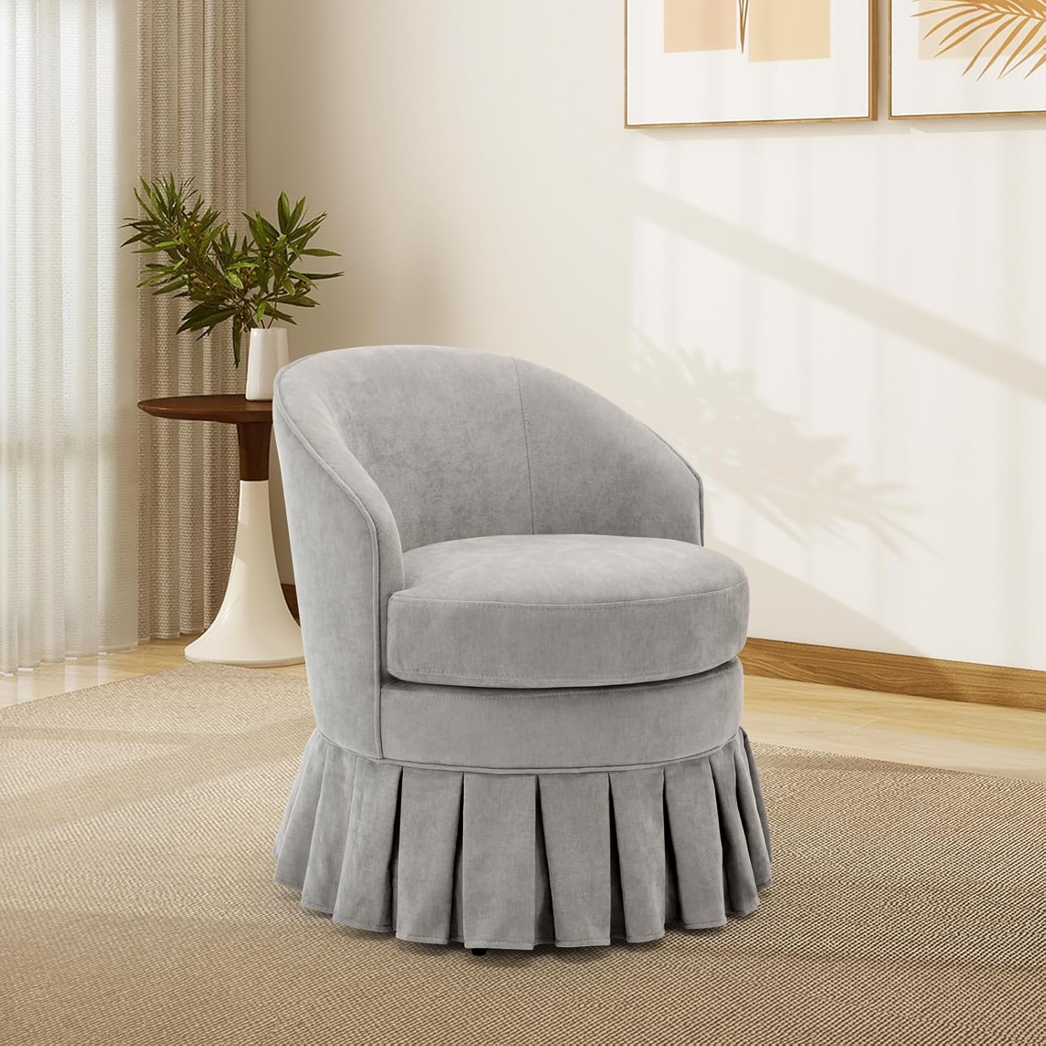 Qeetex PHK-33KEV8J8-HNN Gray Wood Dining Chair with Upholstered Cushion and Barrel Back Design Compact Armchair for Living Room