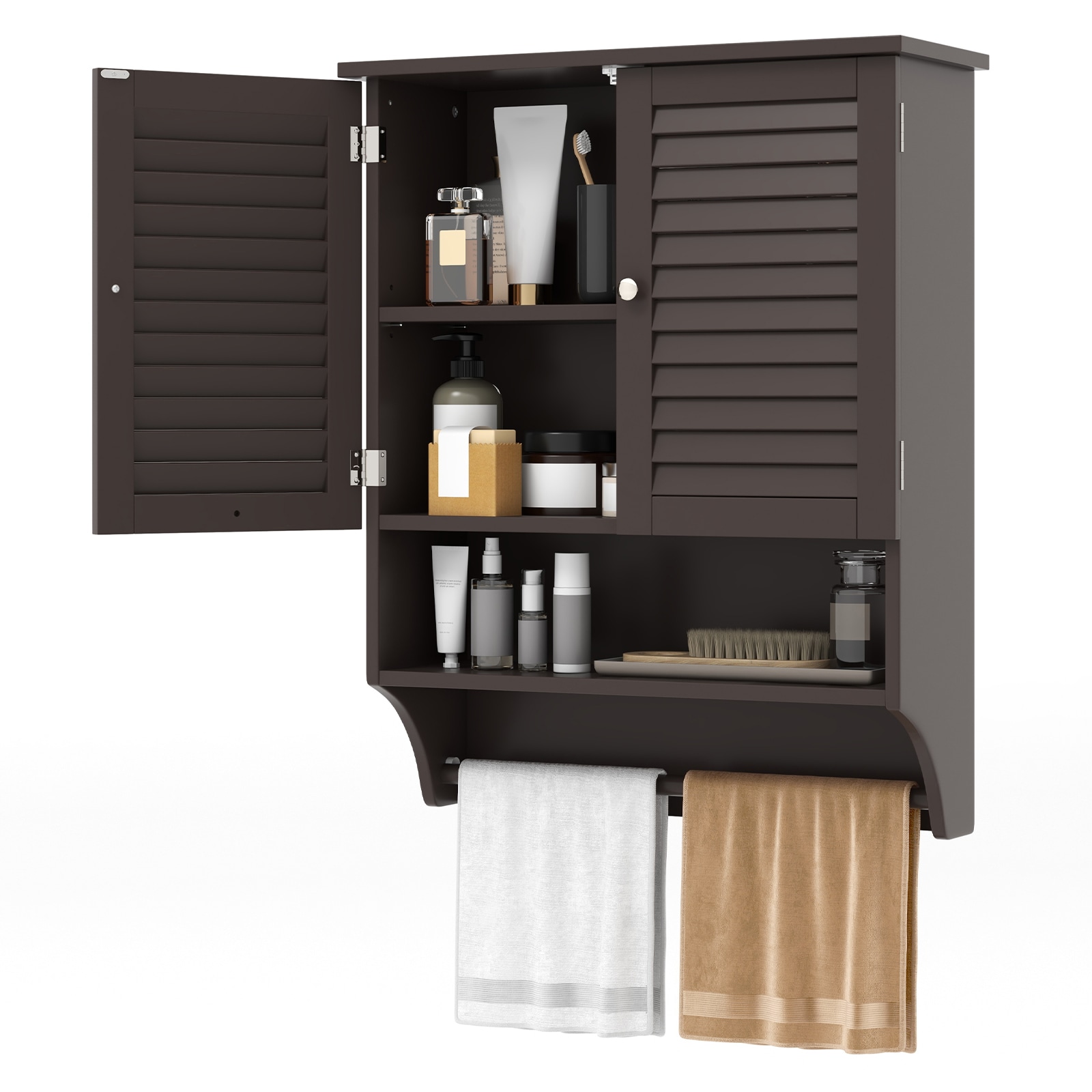 SUGIFT Wall-Mounted Bathroom Cabinet 2-Door 2-Tier Enclosed Storage Open Compartment Towel Bar 3-Level Adjustable Shelf Medicine Cabinet