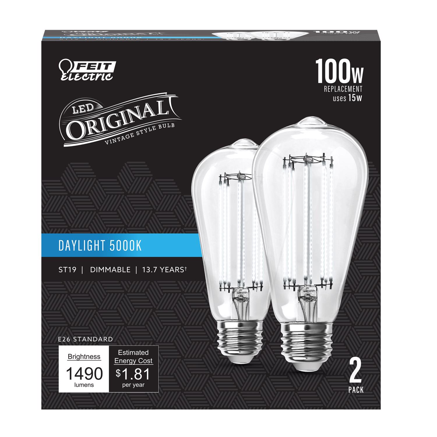 Feit Electric EJD3008696 ST19 E26 Medium Filament LED Bulb Daylight 100 Watt Equivalence 2 pk