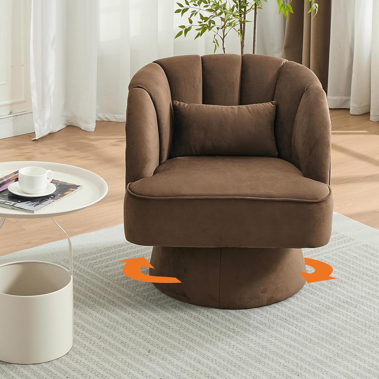 Qeetex CHAIRPHK-7BQT Modern Swivel Barrel Accent Chair With 360 Degree Velvet Upholstery Plush Padding And Wood Frame Stable Stylish Mid Century Lounge Armchair For Living Room Bedroom Brown