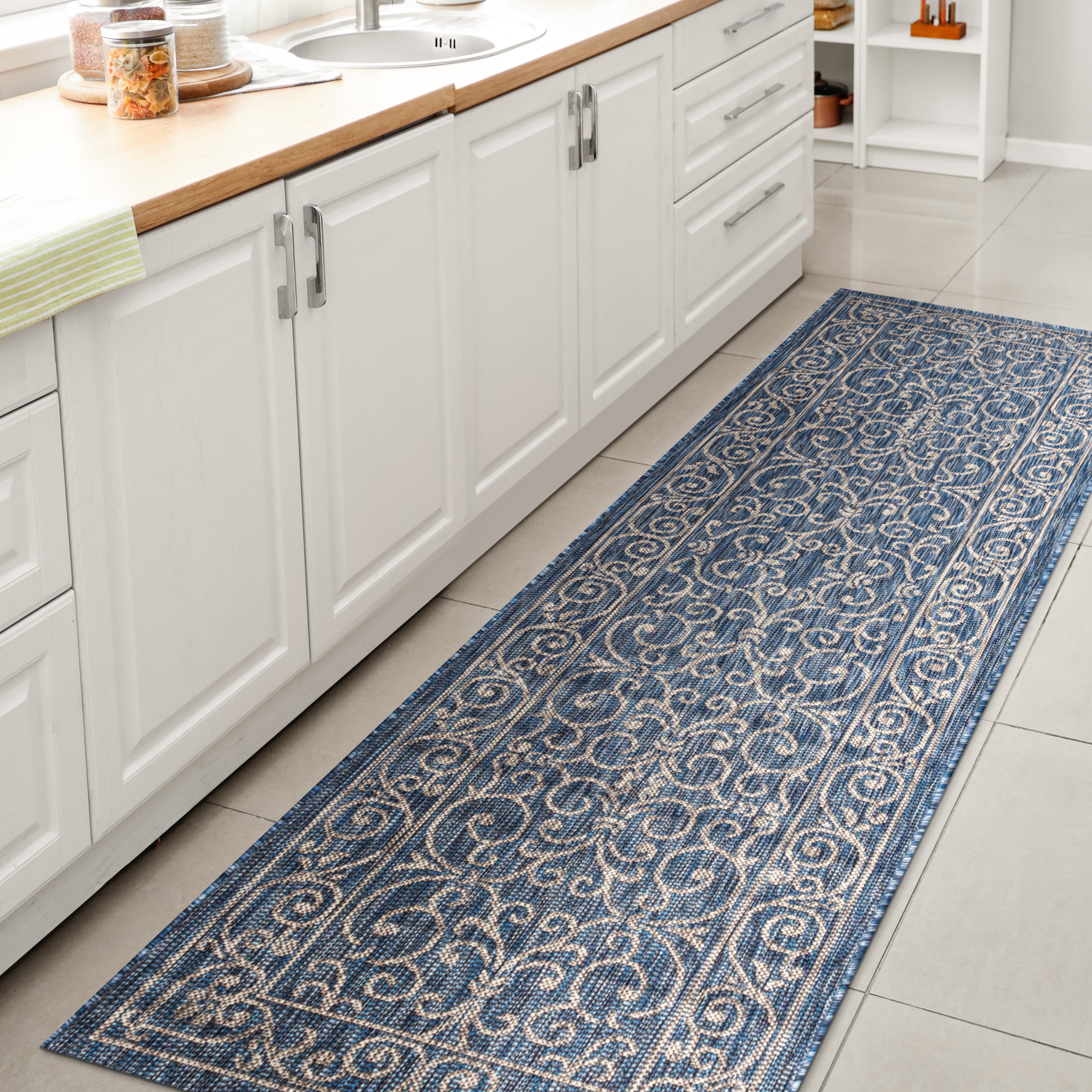 JONATHAN  Y SMB106D-210 Santa Monica Charleston Filigree Textured Weave 2 x 10 (ft) Loomed Polypropylene Navy/Gray Rectangular Indoor/Outdoor Border French Country Runner rug