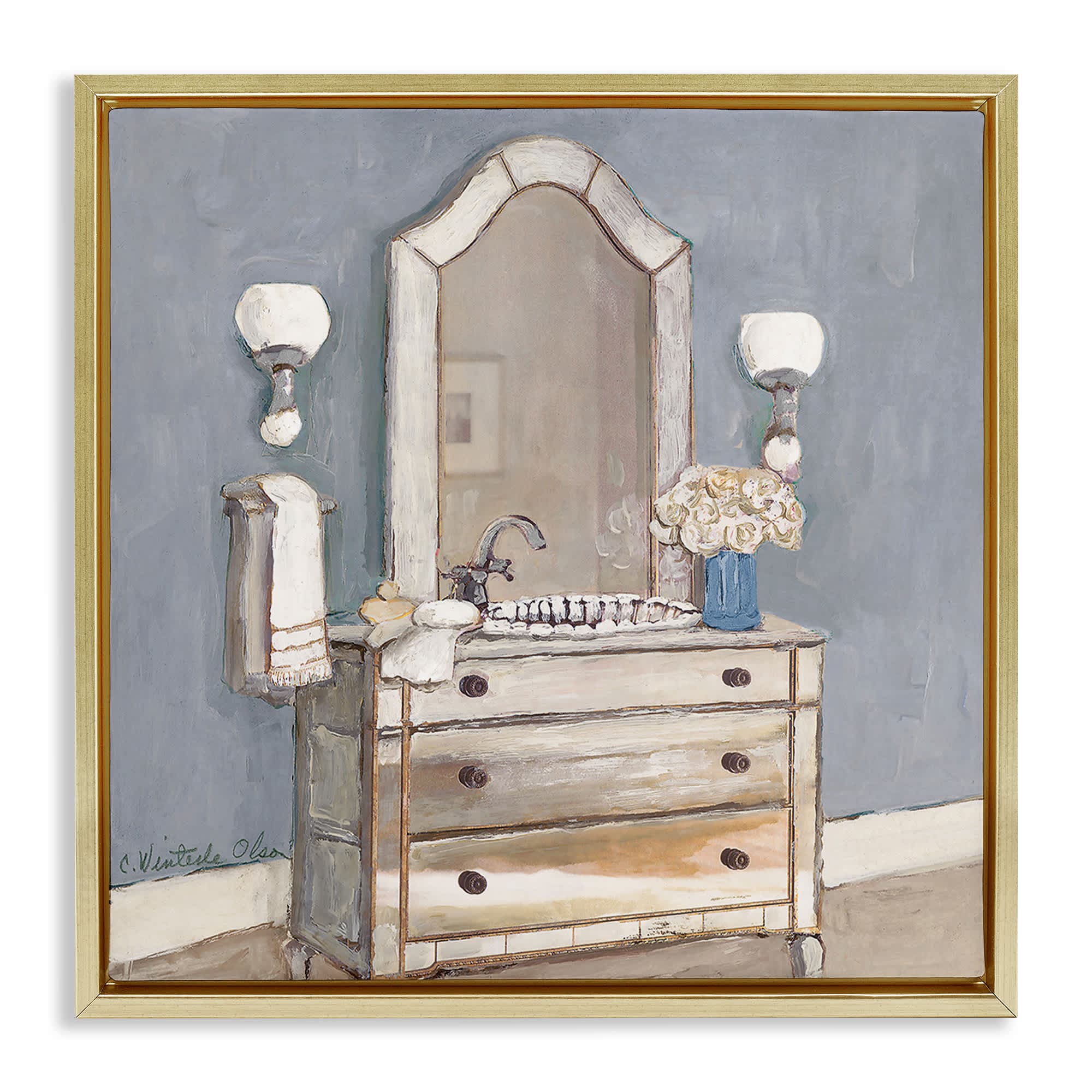 Stupell Industries BT-953-FFG-24X24 Bathroom Sink and Mirror Gold Framed Floater Canvas Wall Art By Charlene Olson 25 x 25