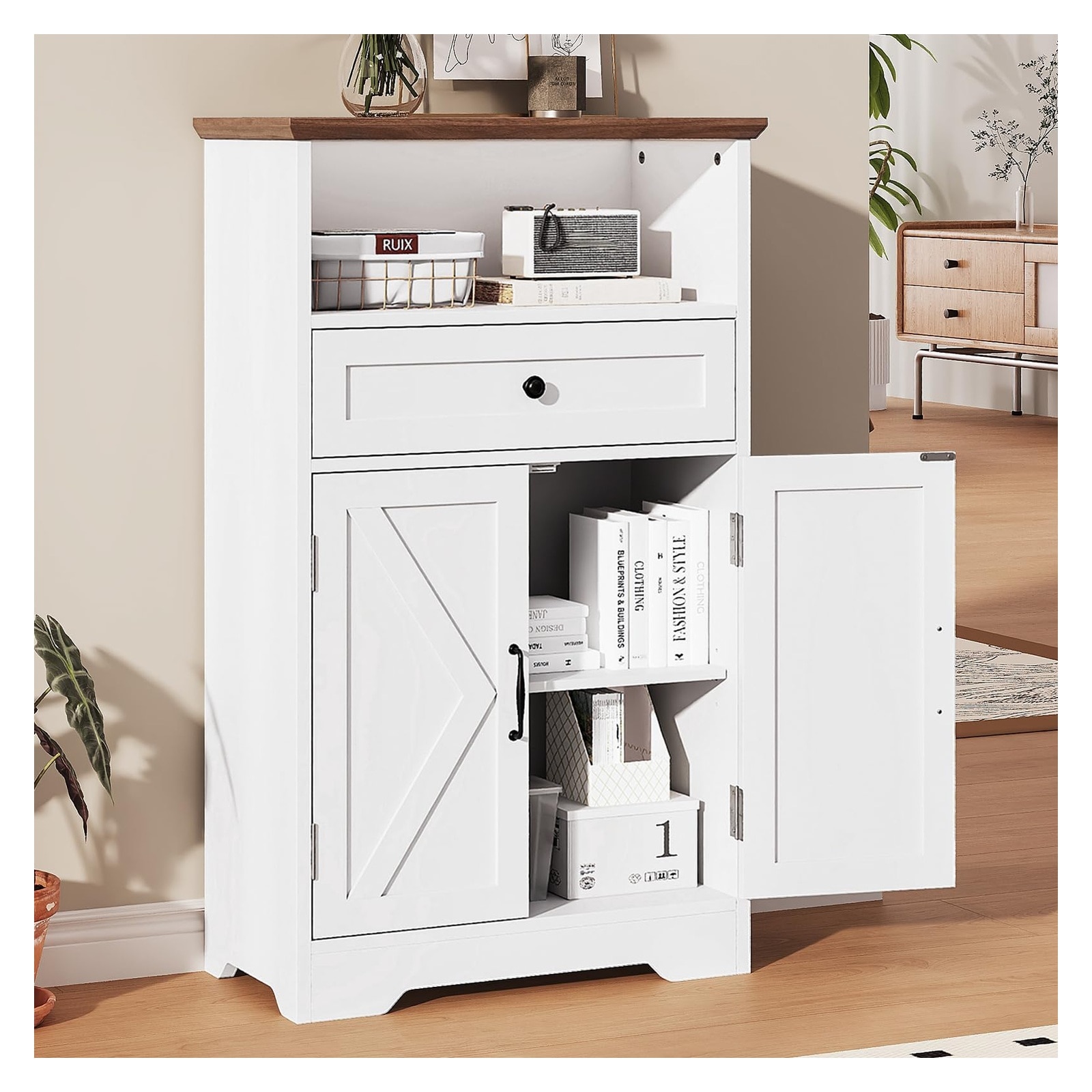 Ahfiwaso  Farmhouse Floor Cabinet with Barn Doors and Drawer Freestanding Adjustable Shelf Organizer for Bathroom Kitchen Living Room White