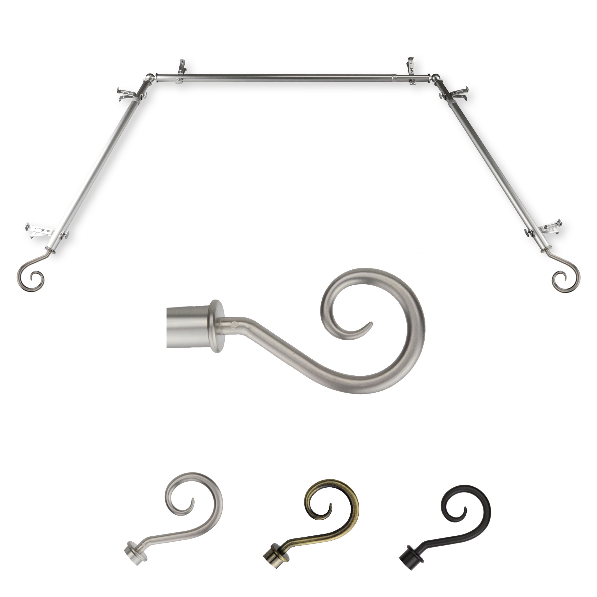 Hart & Harlow LO-ABAY-20-5 72-in to 144-in Satin Nickel Steel Bay window curtain rod with Finials