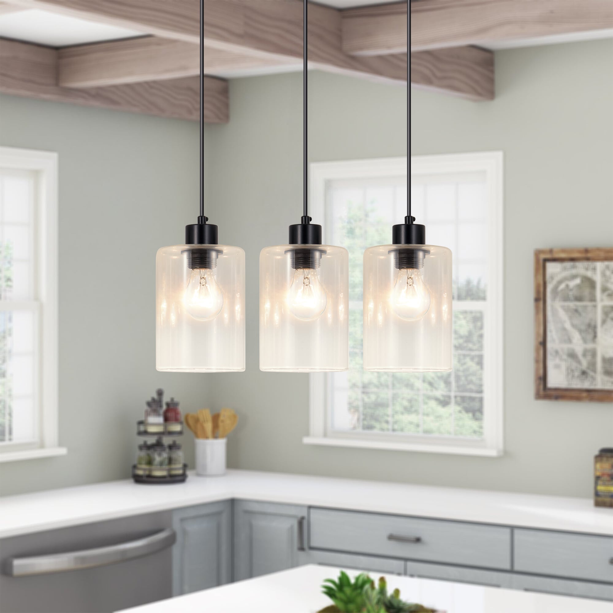 EFPERFECT DS-DY50 3 Set Black Glass Kitchen Island Pendant Light Fixtures