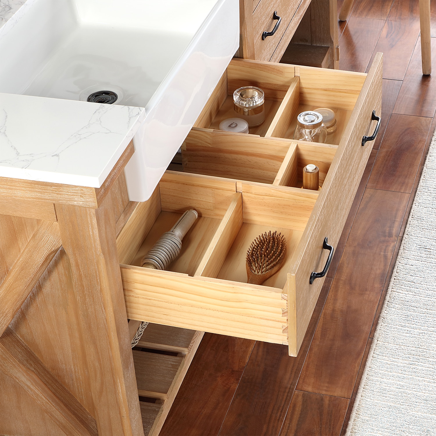 Weathered Pine Double Sink Vanity with White Stone Top