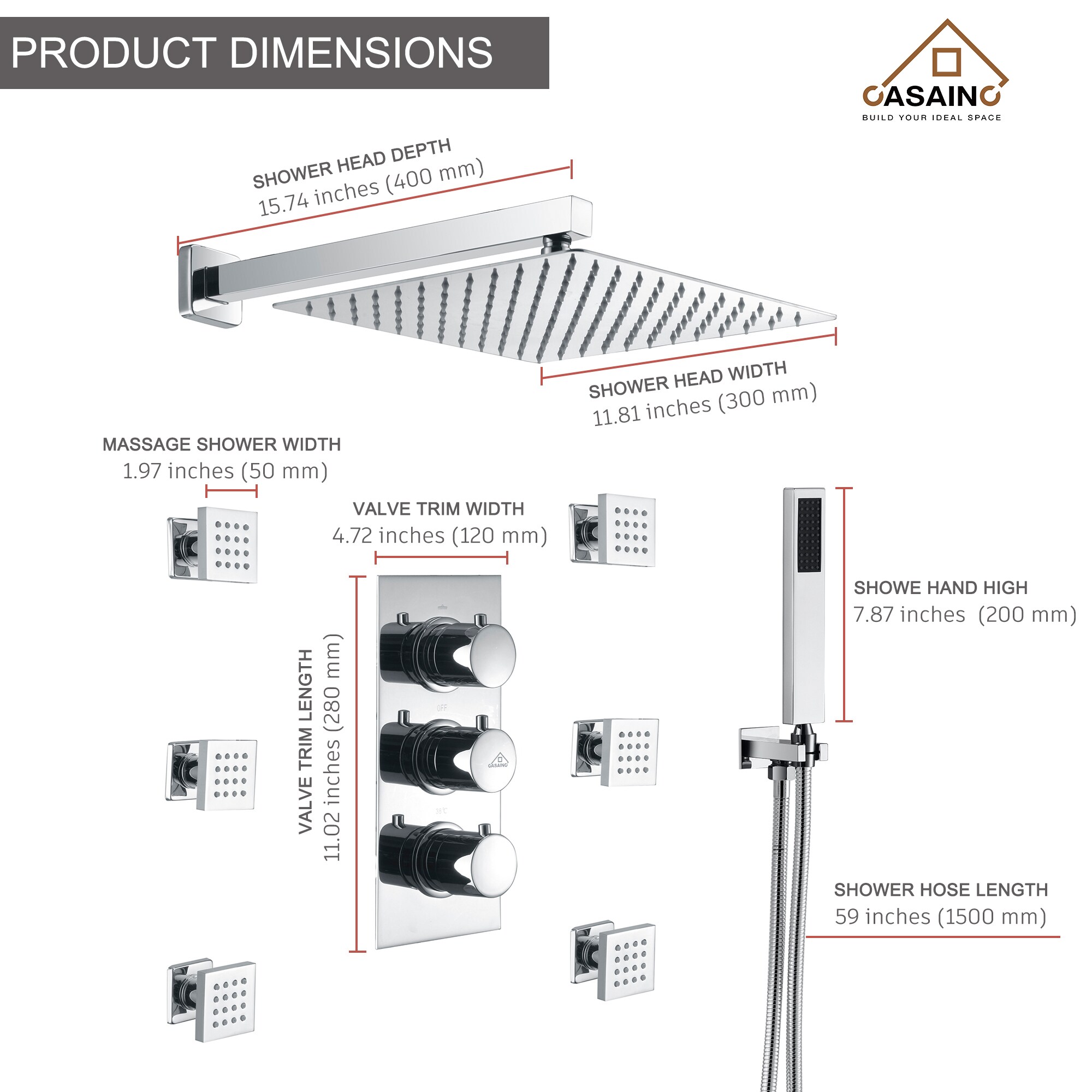 CASAINC M6001-A-12-CP Showerhead-Bar-Panels - View #11