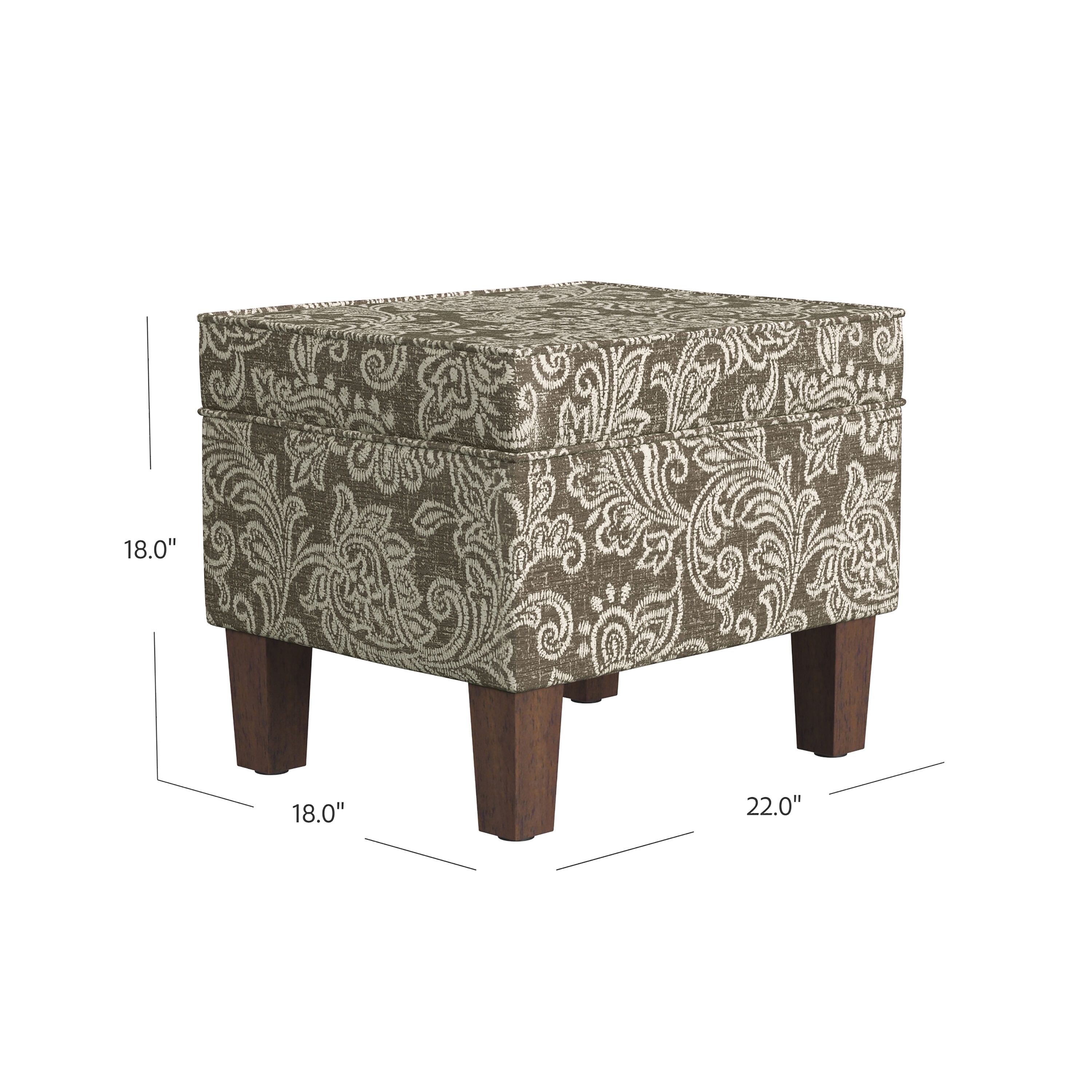 Brown Jacobean Print Upholstered Storage Ottoman with Hinged Lid