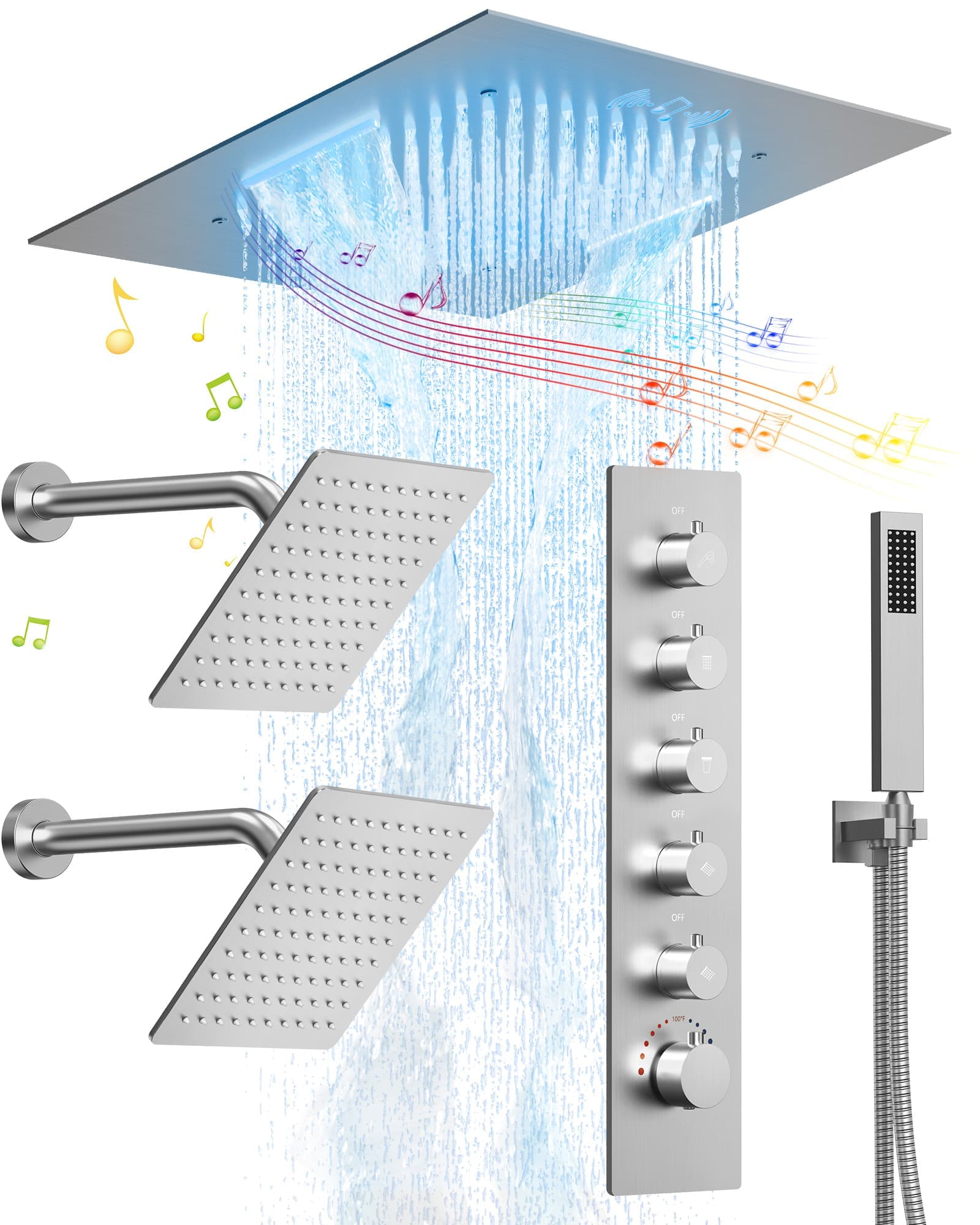 EVERSTEIN SFS-1056-NK20 5-Spray Patterns Square Ceiling Mount Dual Shower Head Fixed Shower Head with Handheld in Brushed Nickel