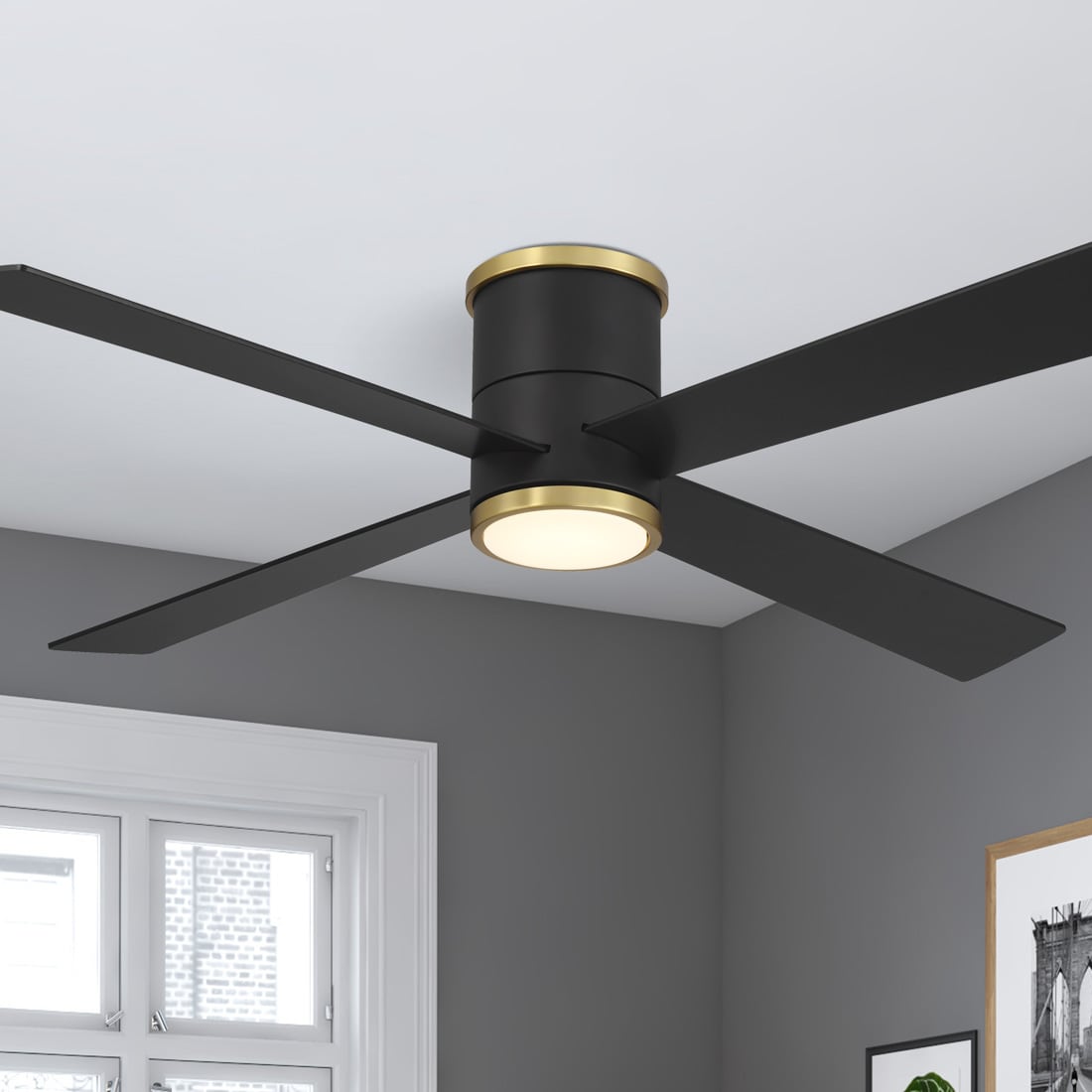 Minka Aire F797L-CL/SBR Falco Flush 54-in Integrated LED Flush Mount Coal Black and Soft Brass with Coal Black Blades Ceiling Fan With Light and Remote ( 4 -Blade )