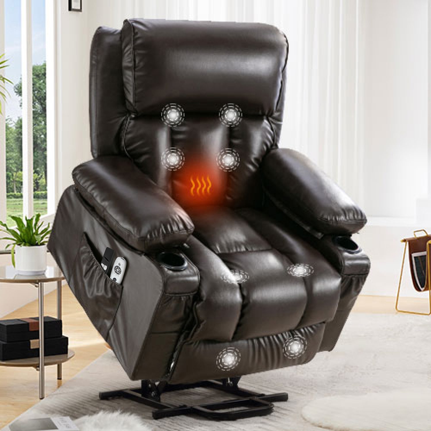 GZMR GZ-QN8050-BR 350LB Vibration Massage Heating Power Lift Recliner Chair Dark Brown Faux leather Upholstered Powered Reclining Massage chair with Lift Assistance