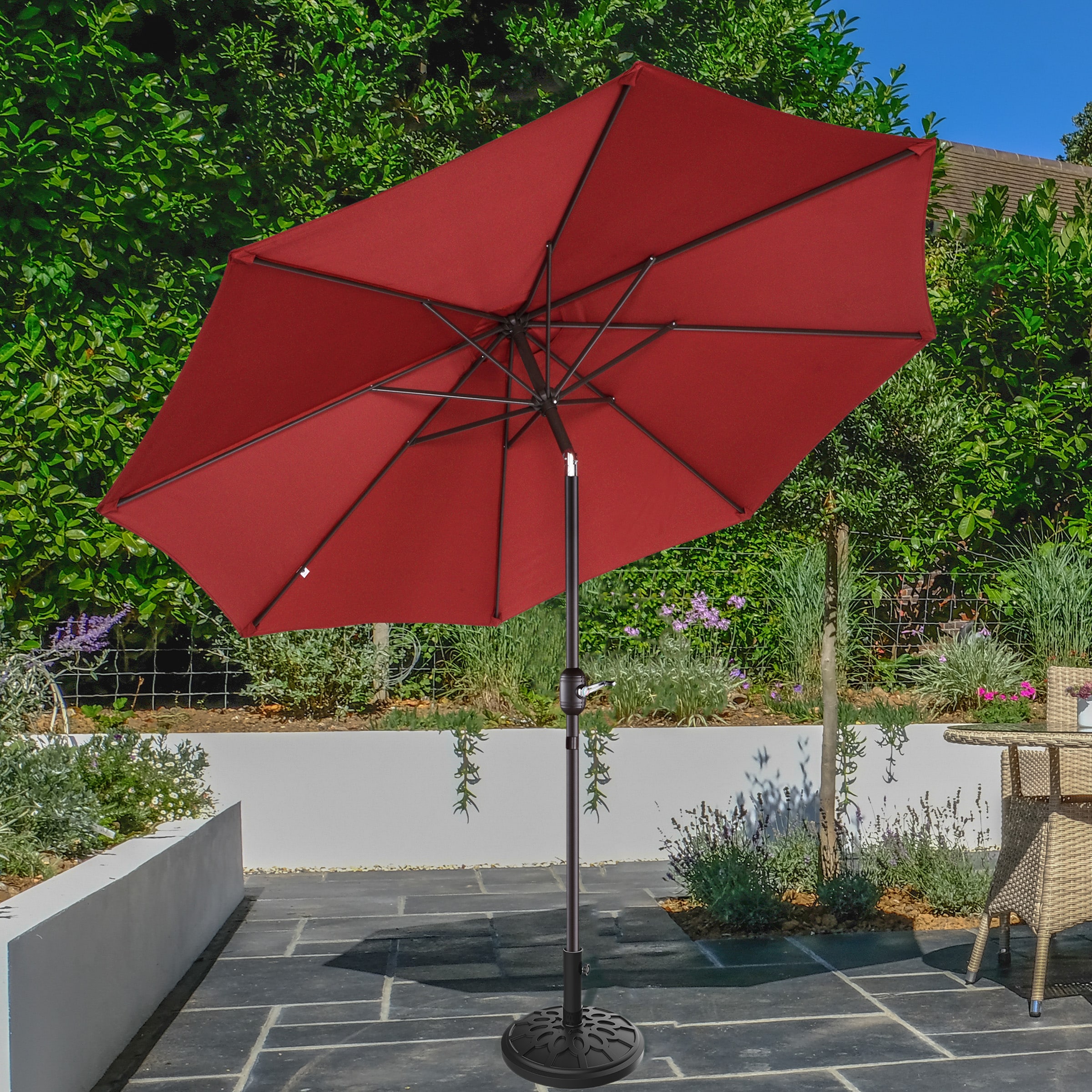 VILLACERA 83-OUT5445B 9-ft Aluminum Red Push-button Tilt Market Patio Umbrella with Base