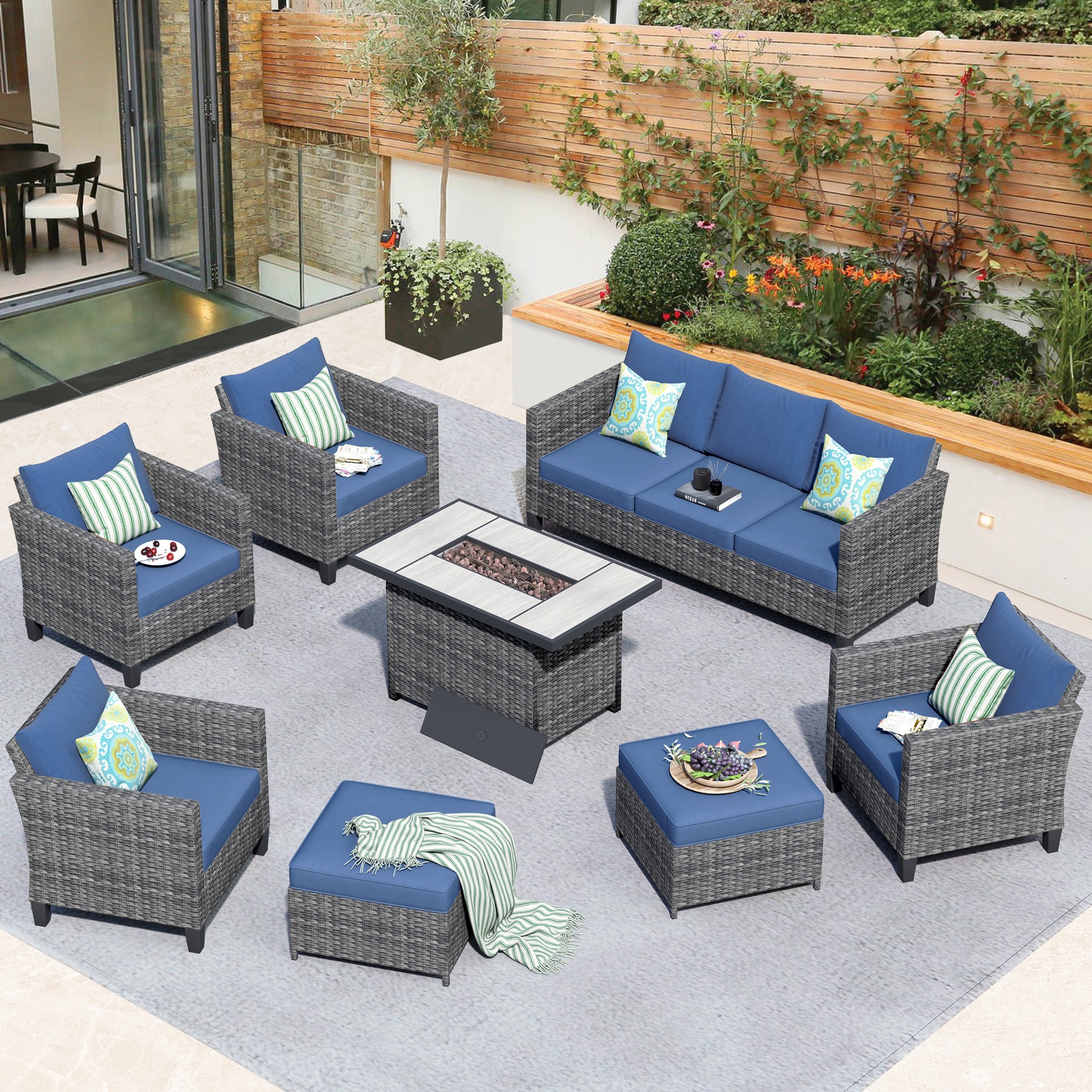Pouuin SRFPGRS308 8 -Piece Wicker Patio Sofa Conversation Set with Blue Cushions