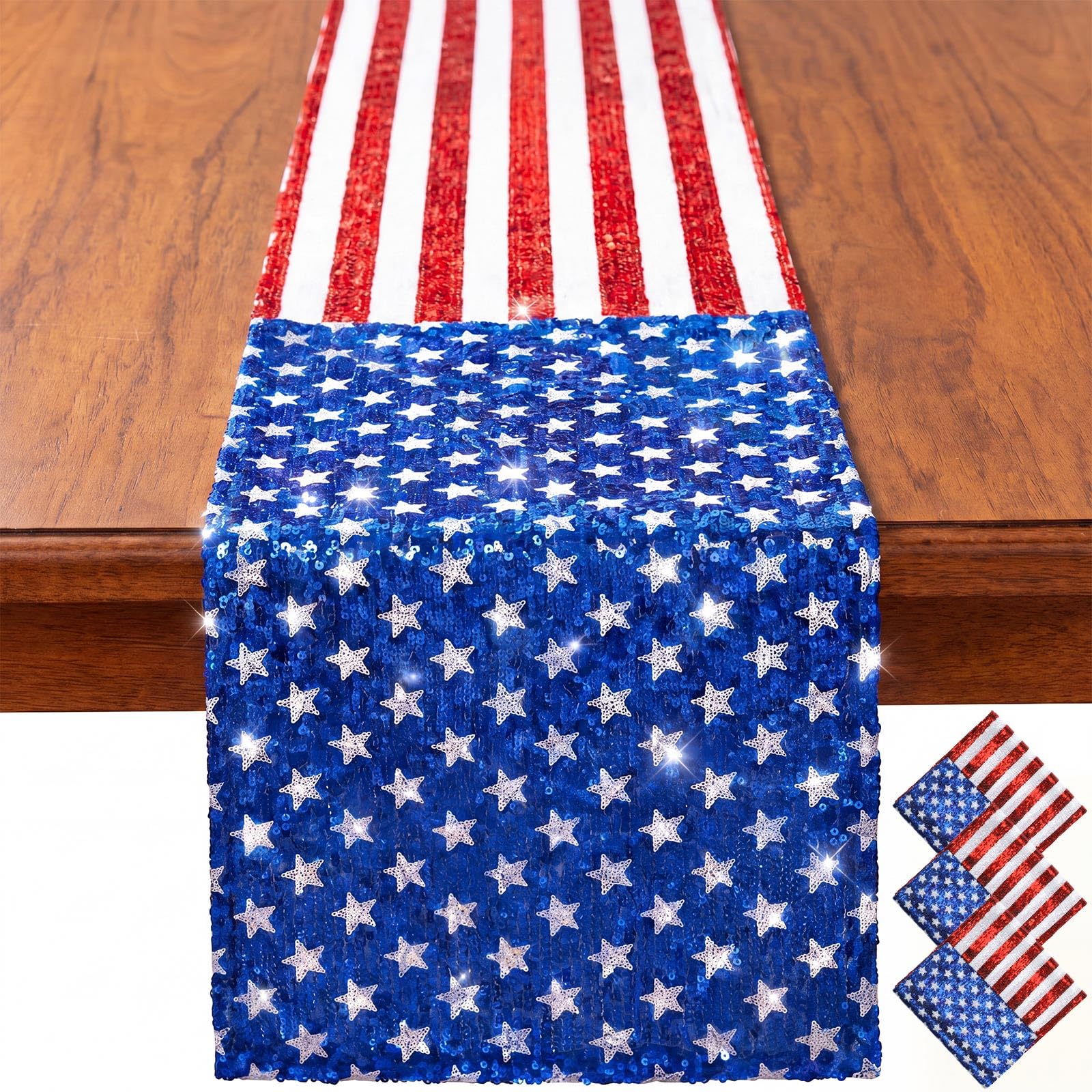 LILILIAN FMY Patriotic Sequin Table Runners Set of Three Red White Blue Stars 12 by 72 Inch Each for Holiday Dining Decor #LRO0824O461