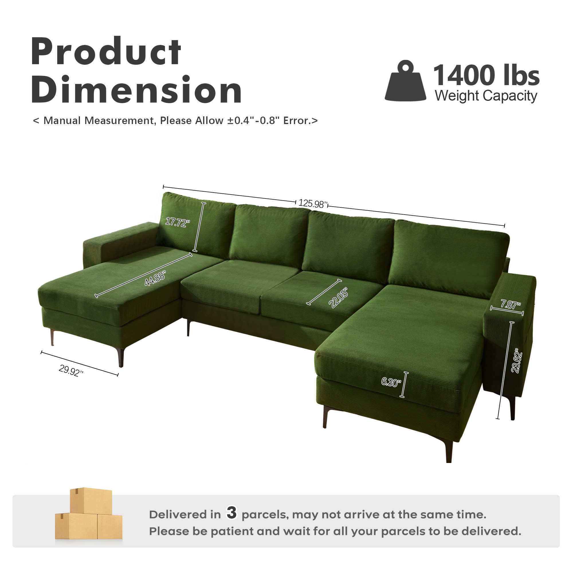 ALTRIGUS U Shape Double Chaise Sofa Couch Corduroy Green in the Couches