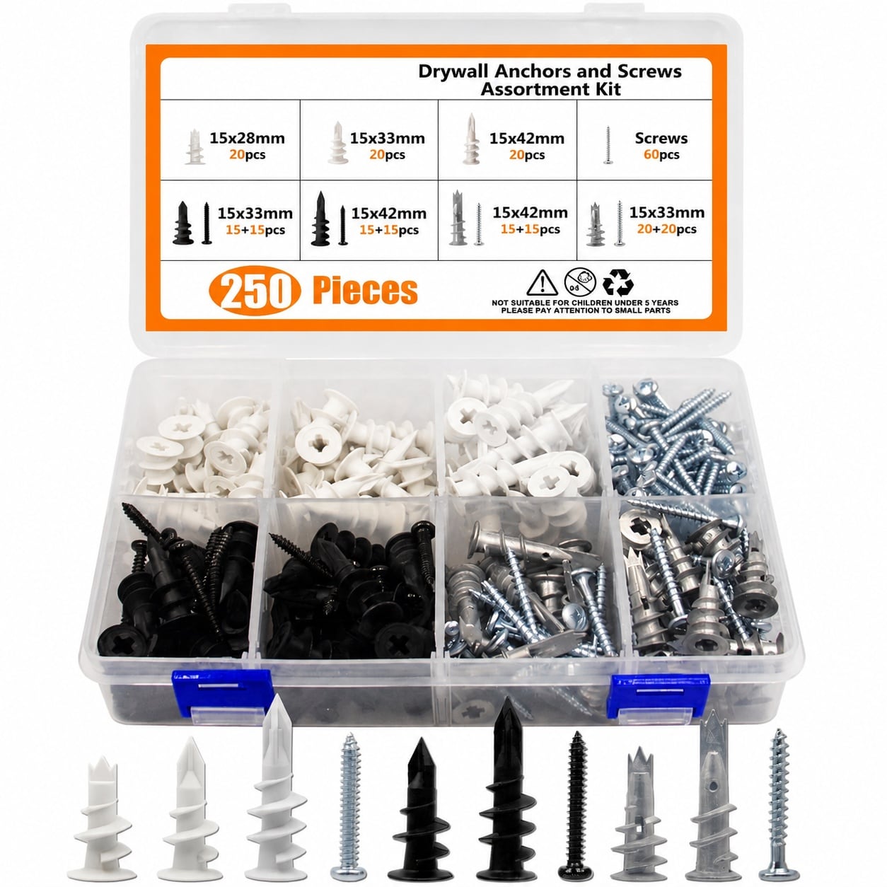 KIWDZFU 250pcs Drywall Anchors and Screws Assortment Kit Nylon and Zinc Self Drilling Wall Anchor for Sheetrock Gypsum No Pilot Hole Required #LKI0821A1153