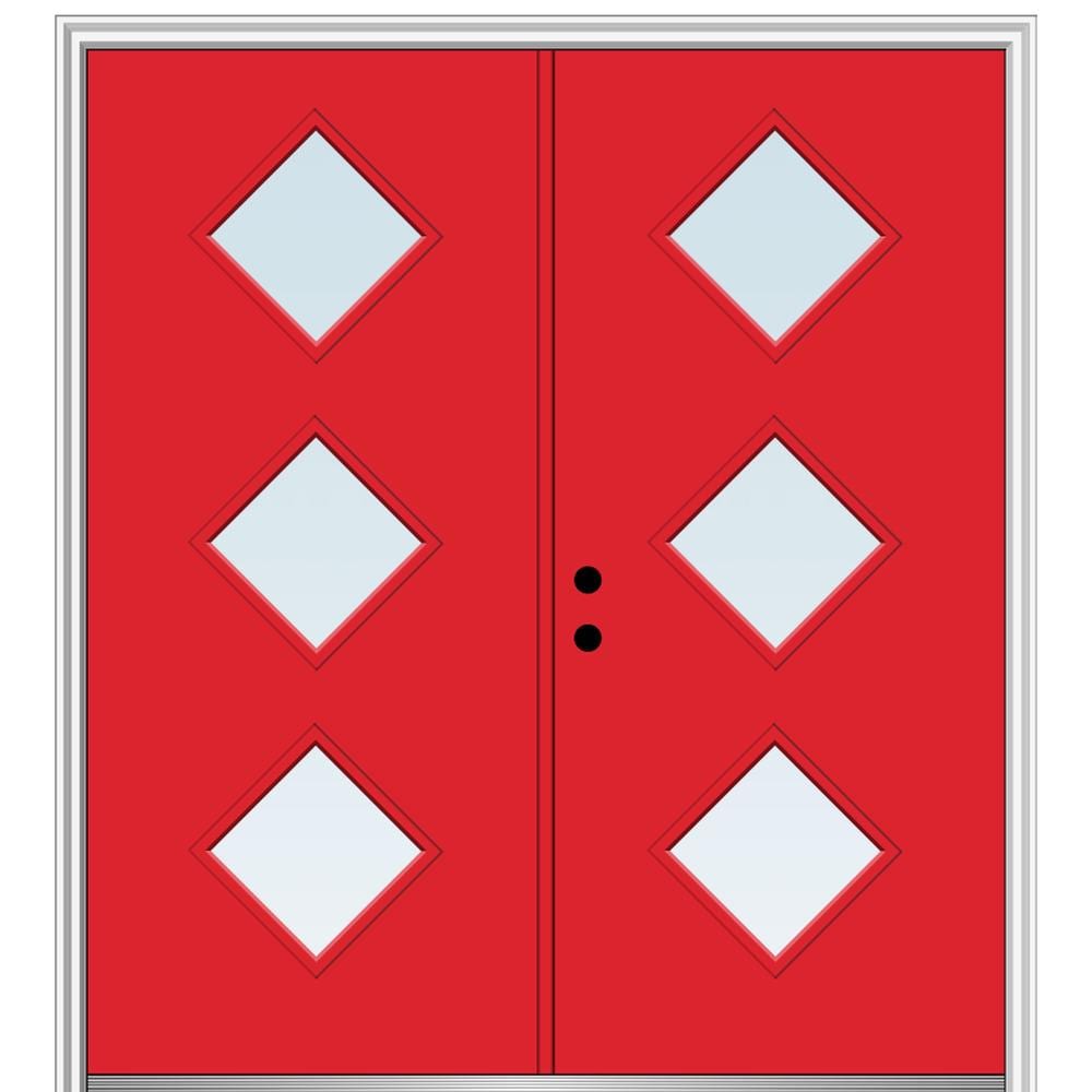 MMI DOOR ZZ348961R Spotlights 72-in x 80-in x 6-9/16-in Fiberglass Pulse lite Right-hand inswing Red Saffron Painted Prehung Double Front Door with Brickmould Insulating core