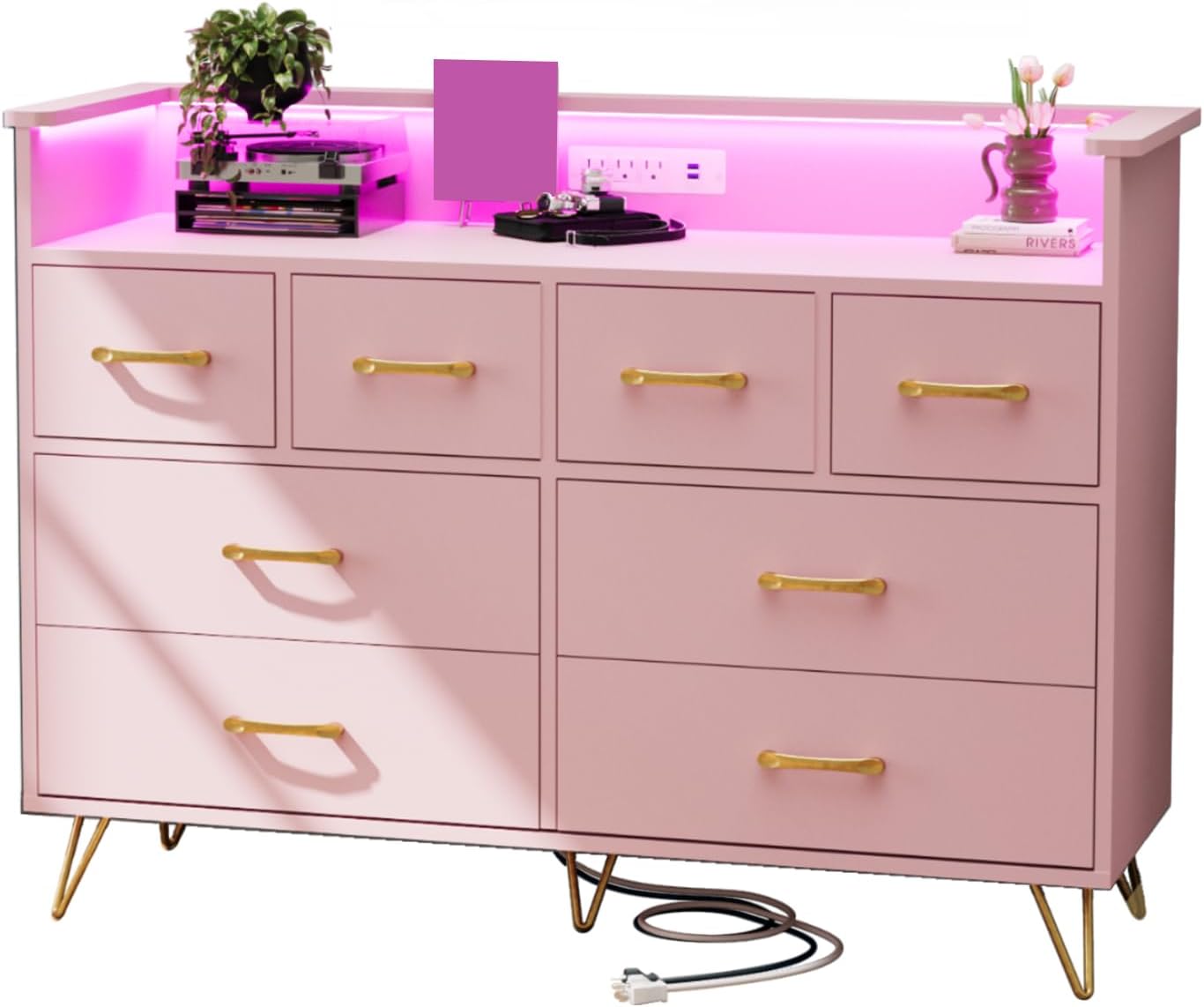 Der Rose 8 Drawer Dresser with LED Lights and Charging Station Modern Chest  of Drawers TV Stand for Bedroom Living Room Black Durable Wood Metal Frame  Versatile Storage Easy Assembly Pink in