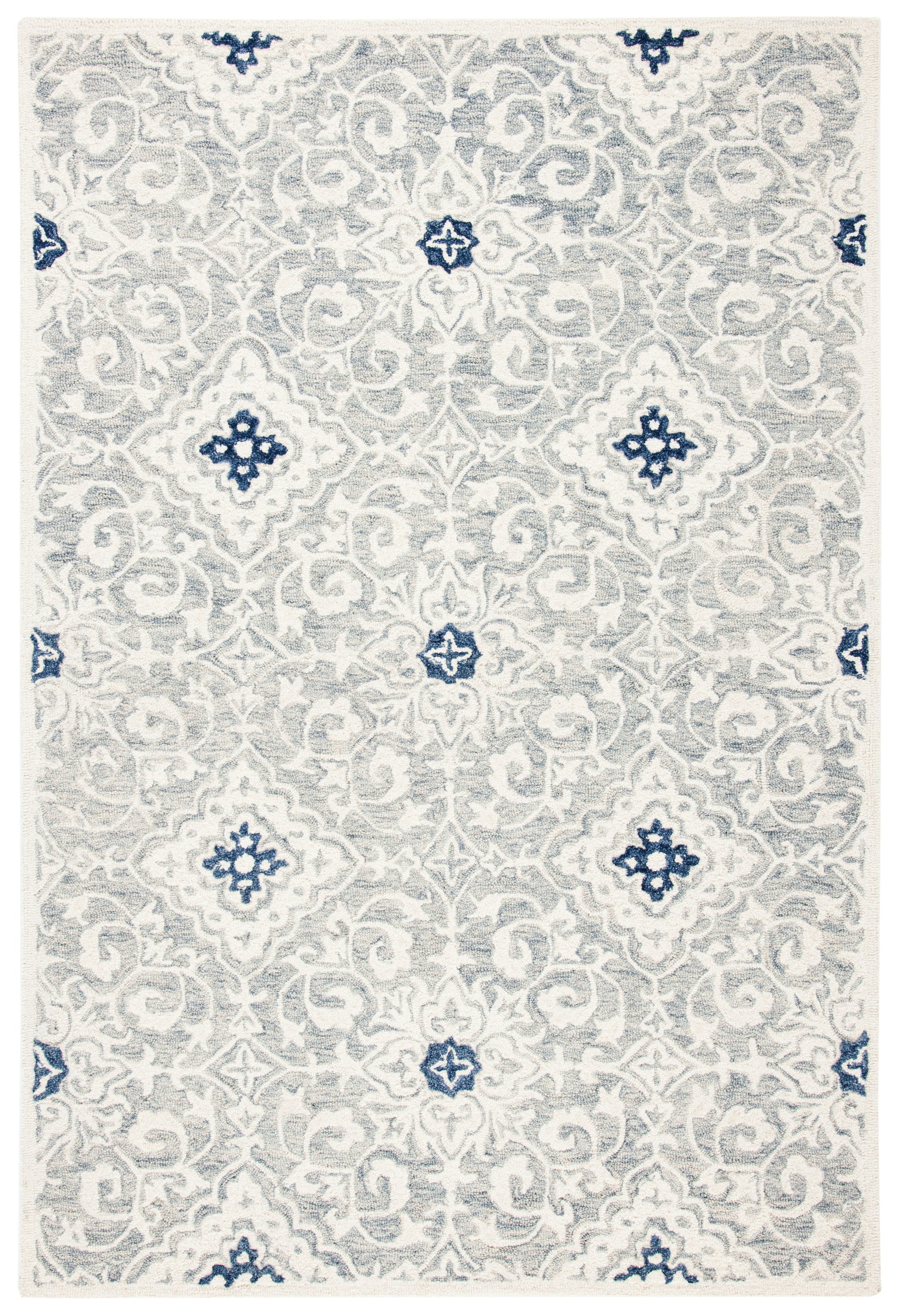 Ivory and Blue Hand-Tufted Wool Rectangular Area Rug, 5' x 8'
