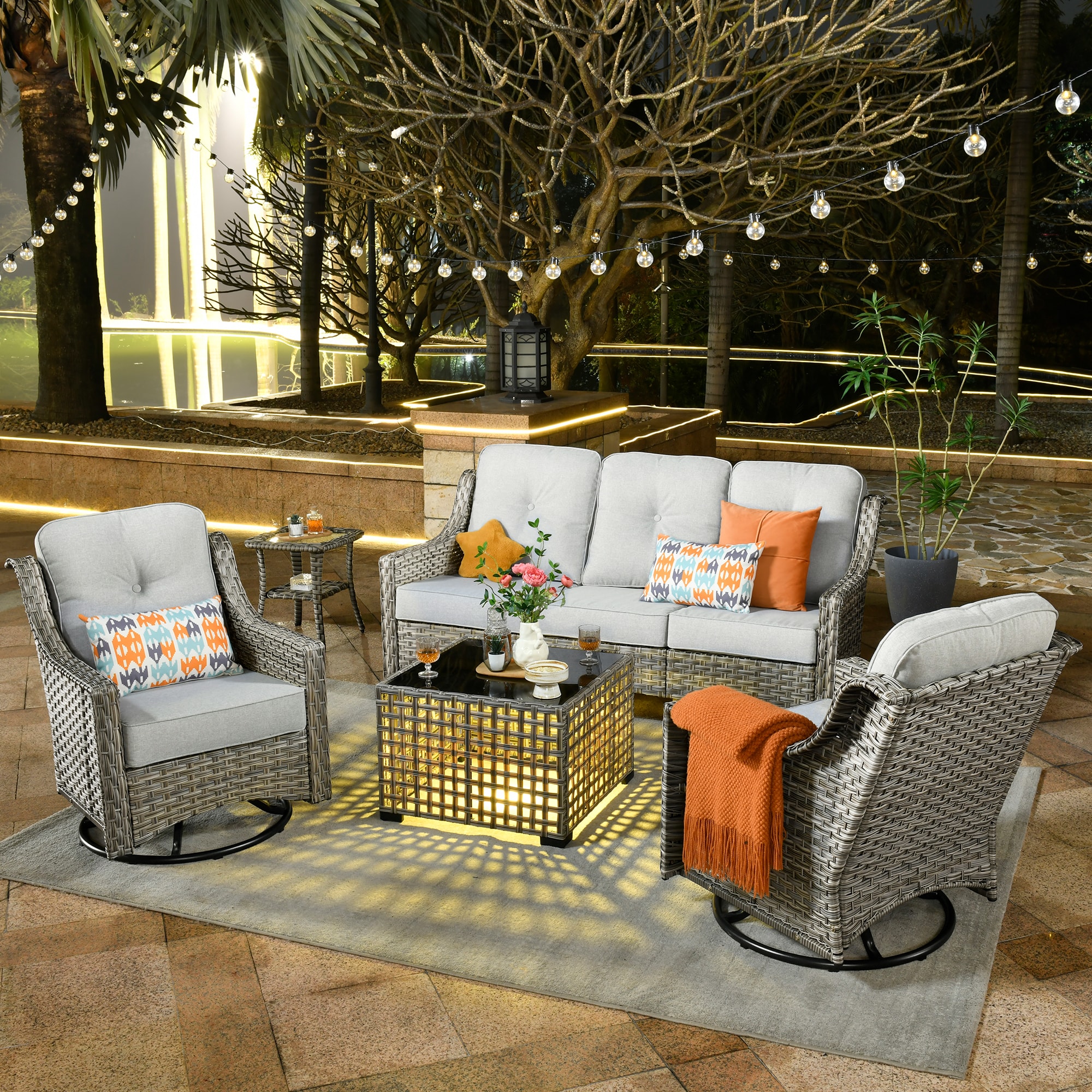 Ovios PD405Y 5 -Piece Wicker Patio Sofa Conversation Set with Gray Cushions