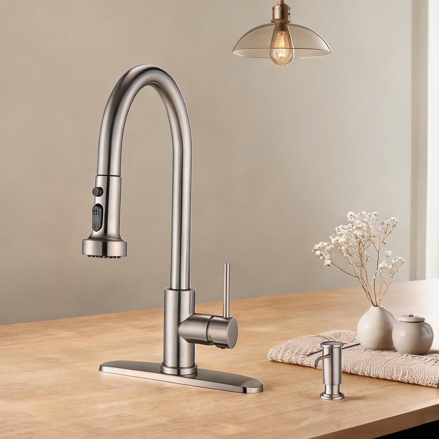 Naturefalls Pull-Down Kitchen Faucet with Soap Dispenser High Arc Stainless Steel Brushed Nickel 1.8 GPM