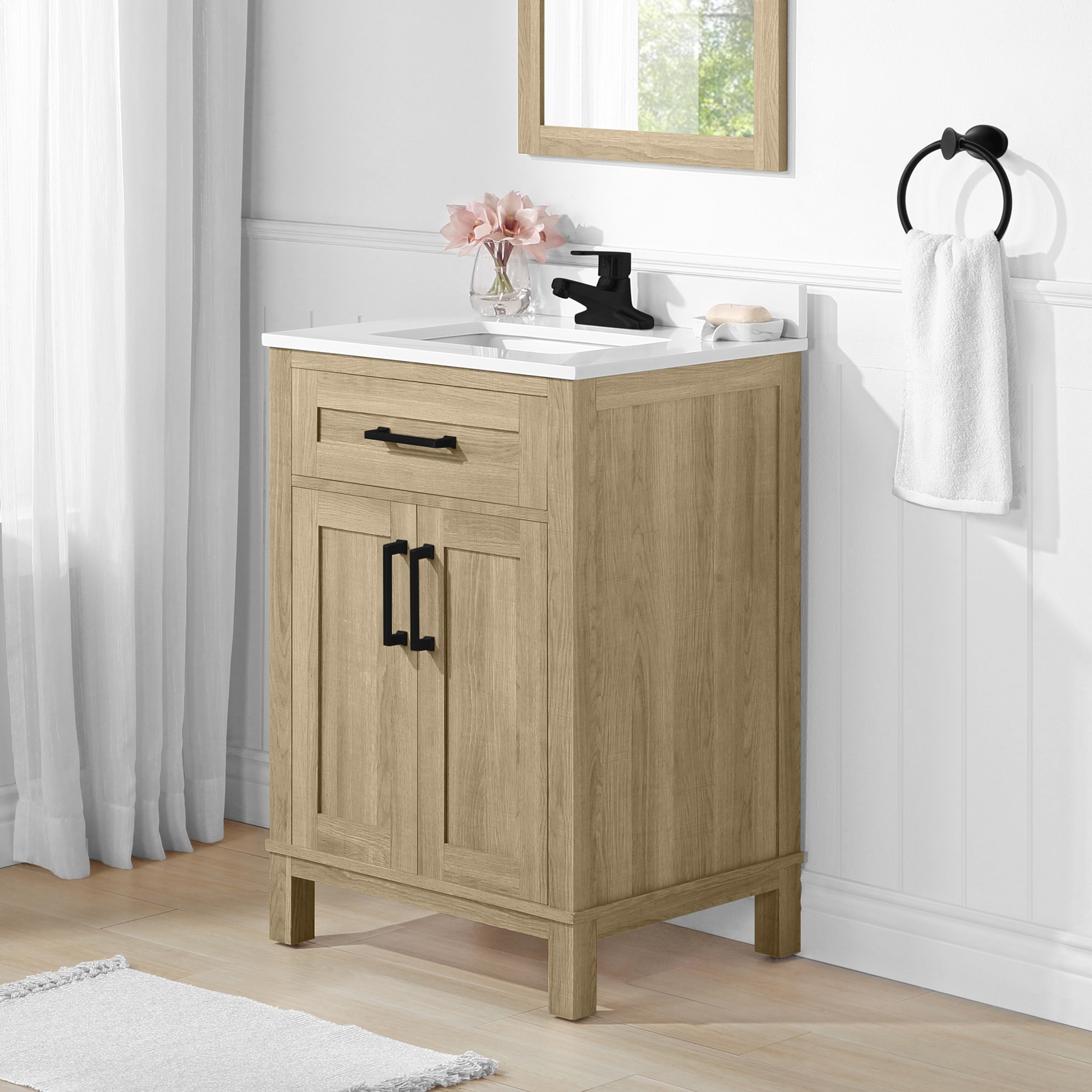 Style Selections Dolton 24-in Natural Oak Undermount Single Sink Bathroom Vanity with White Engineered Stone Top (Mirror Included)