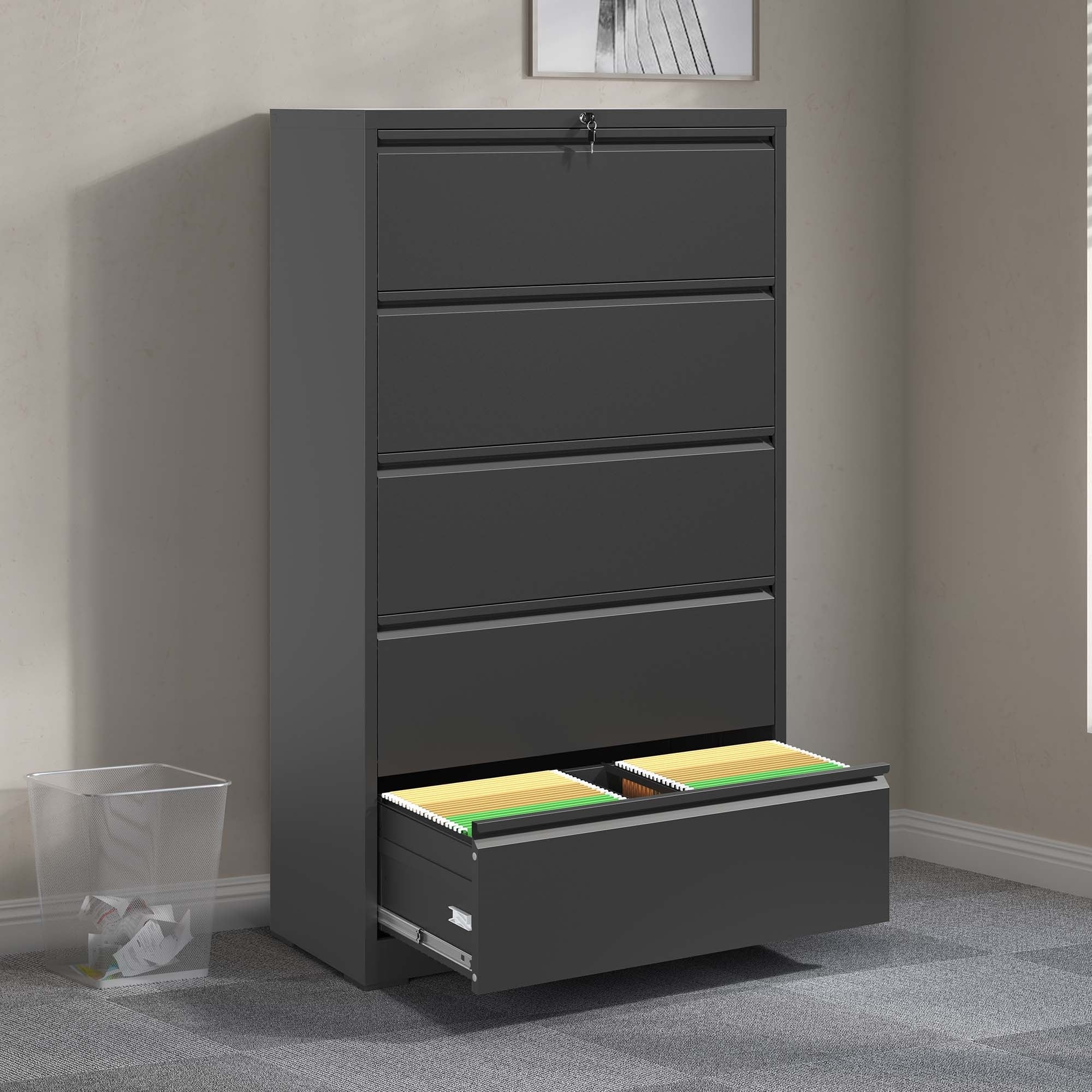 Horizons Prime - 36 inch x 16 inch x 64 inch Black Metal 5 Drawer Lateral File Cabinet with Locki...