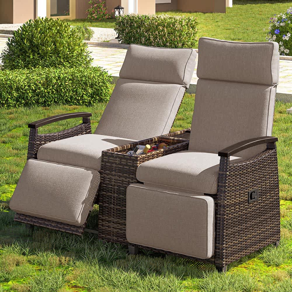 JUJABU DINSET-20 Brown Patio Recliner Loveseat Chair Adjustable Backrest Wicker Outdoor for Balcony