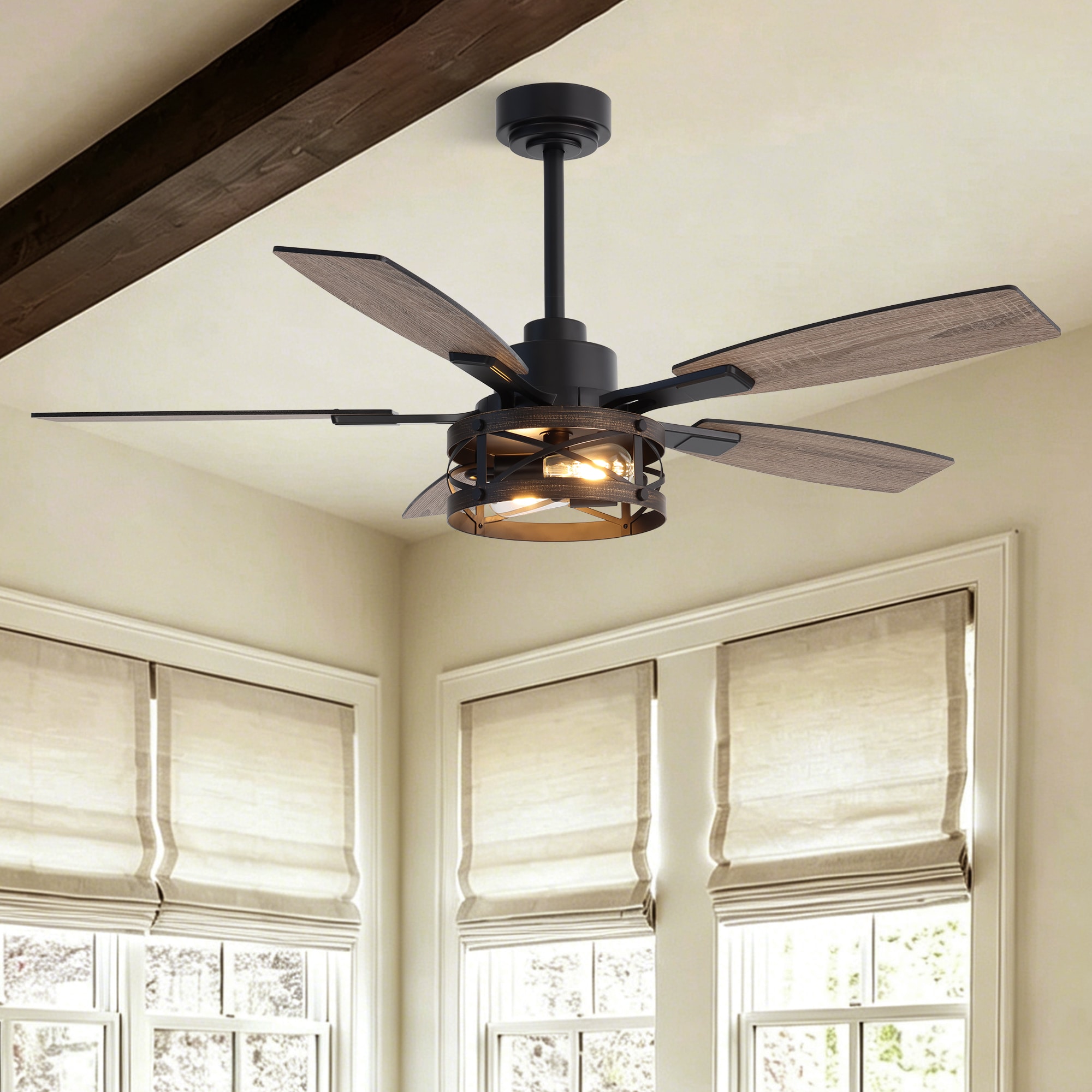 FANNEHONNE 52-In Farmhouse Matte Black and Gold Ceiling Fan with Lights Use Quiet DC Motor Remote and App Control for Bedroom Living Room and Coverd Patio