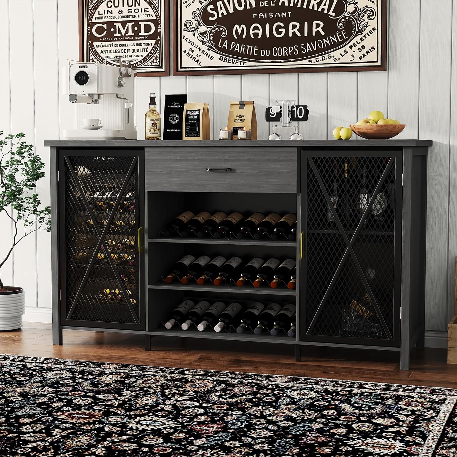 IdealHouse 71 in Rustic Wine Bar Cabinet Large Coffee Bar and Liquor Cabinet for Home with Fridge Space and Wine Rack Large Vintage Kitchen Buffet Sideboard with Storage Console Table for Dining Room Living Room