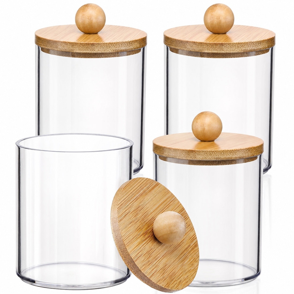 Etokfoks  4 Piece Clear Plastic Apothecary Jar Set with Bamboo Lids and Labels 10 oz Each Set
