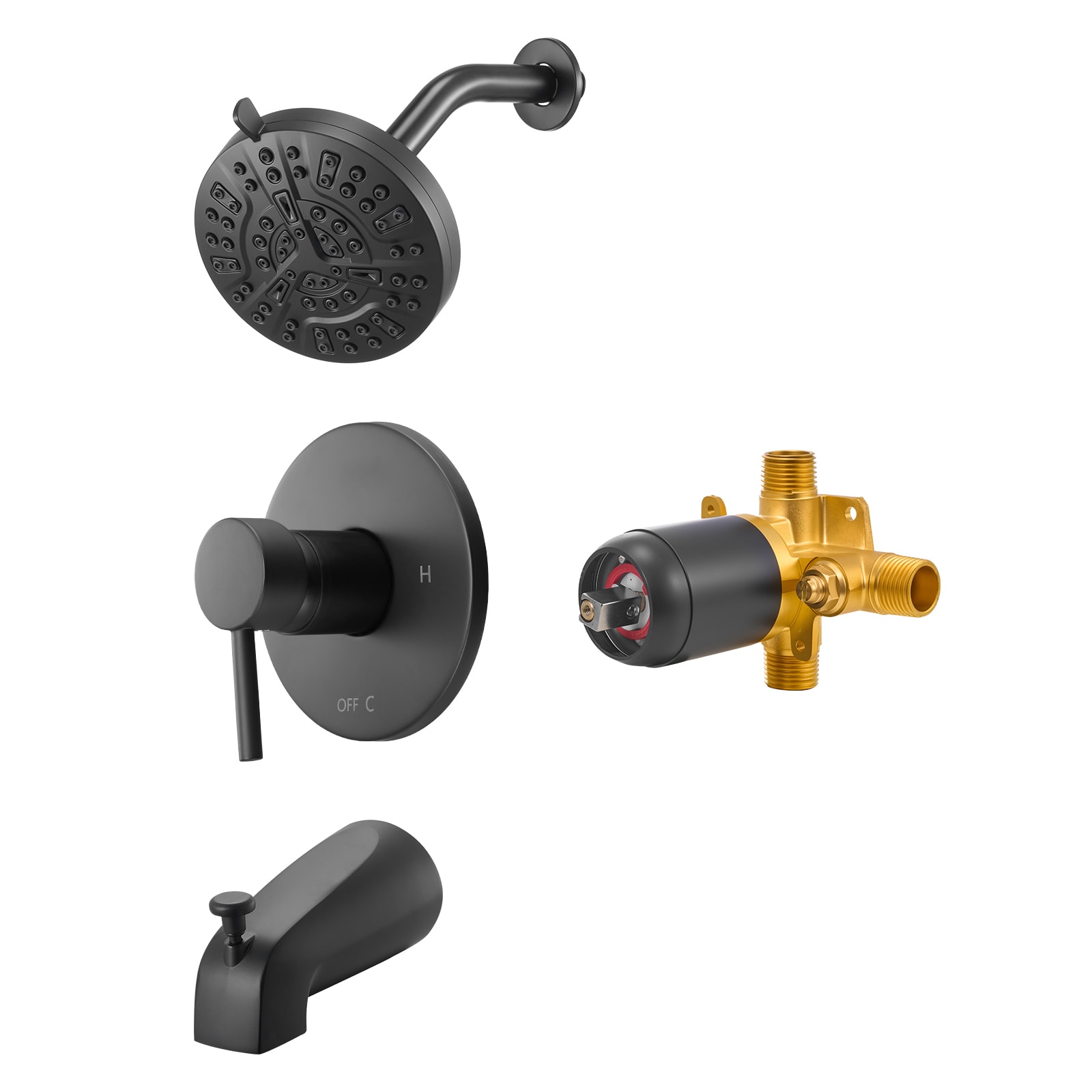 VEVOR Tub and Shower Faucet Set  Complete with 5-Inch Rainfall Shower Head and Bathtub Spout  8-Setting Adjustable Spray  Single-Handle Tub Trim Kit with Brass Pressure Balancing Valve  Matte Black
